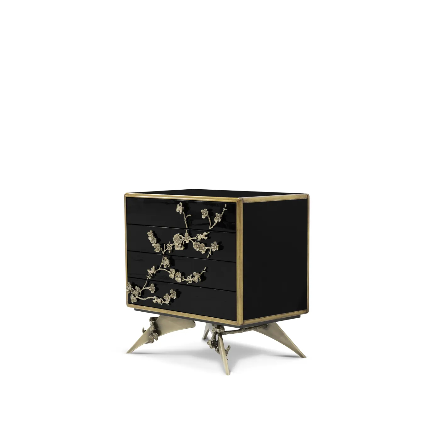 Slightly angled view of the Spellbound Lacquer Nightstand, showcasing its black glossy finish, golden floral details, and unique sculptural legs.
