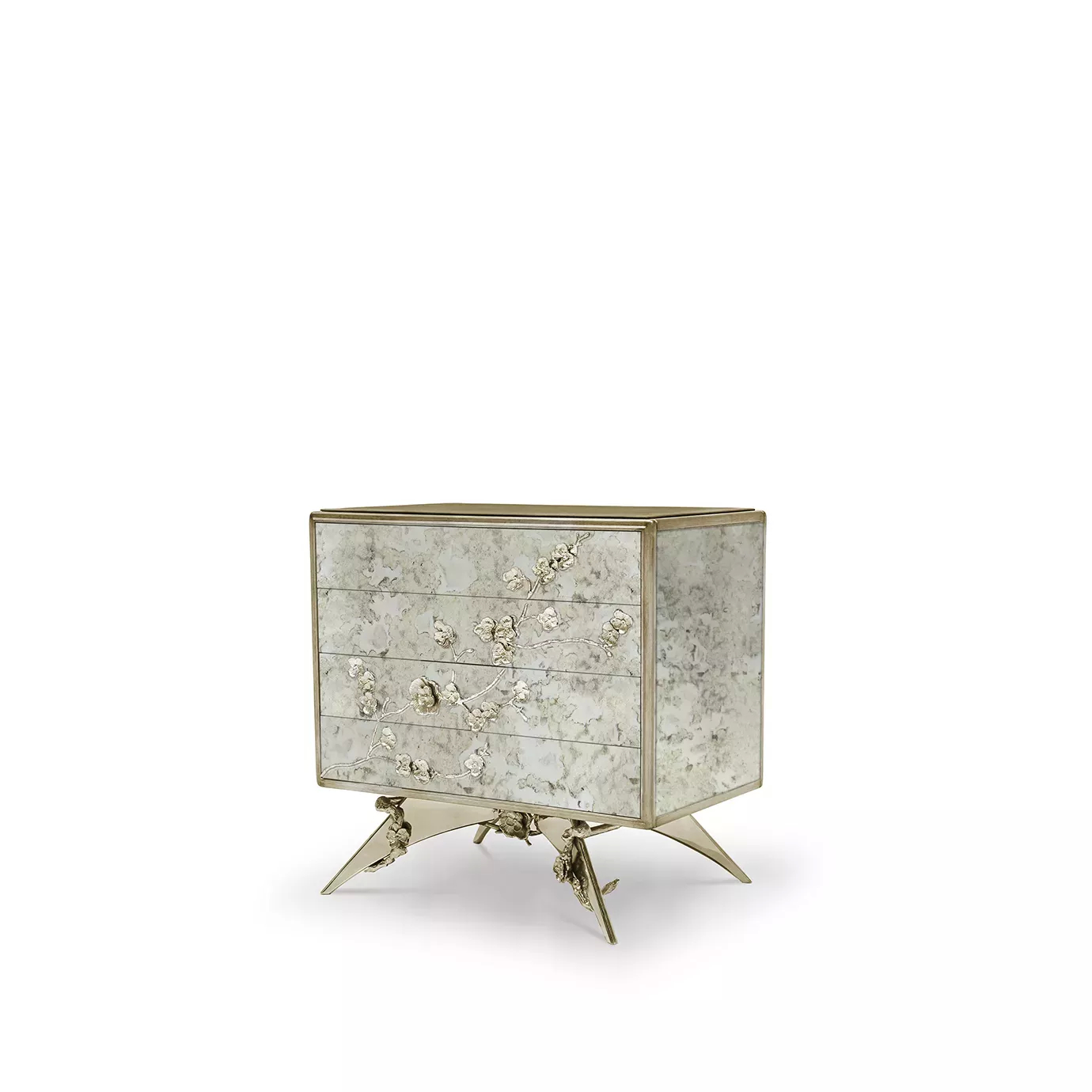 Spellbound Aged Mirror Nightstand: Side view of the nightstand, featuring a floral motif metal lace, in golden shades, creating an elegant contrast with the structure.