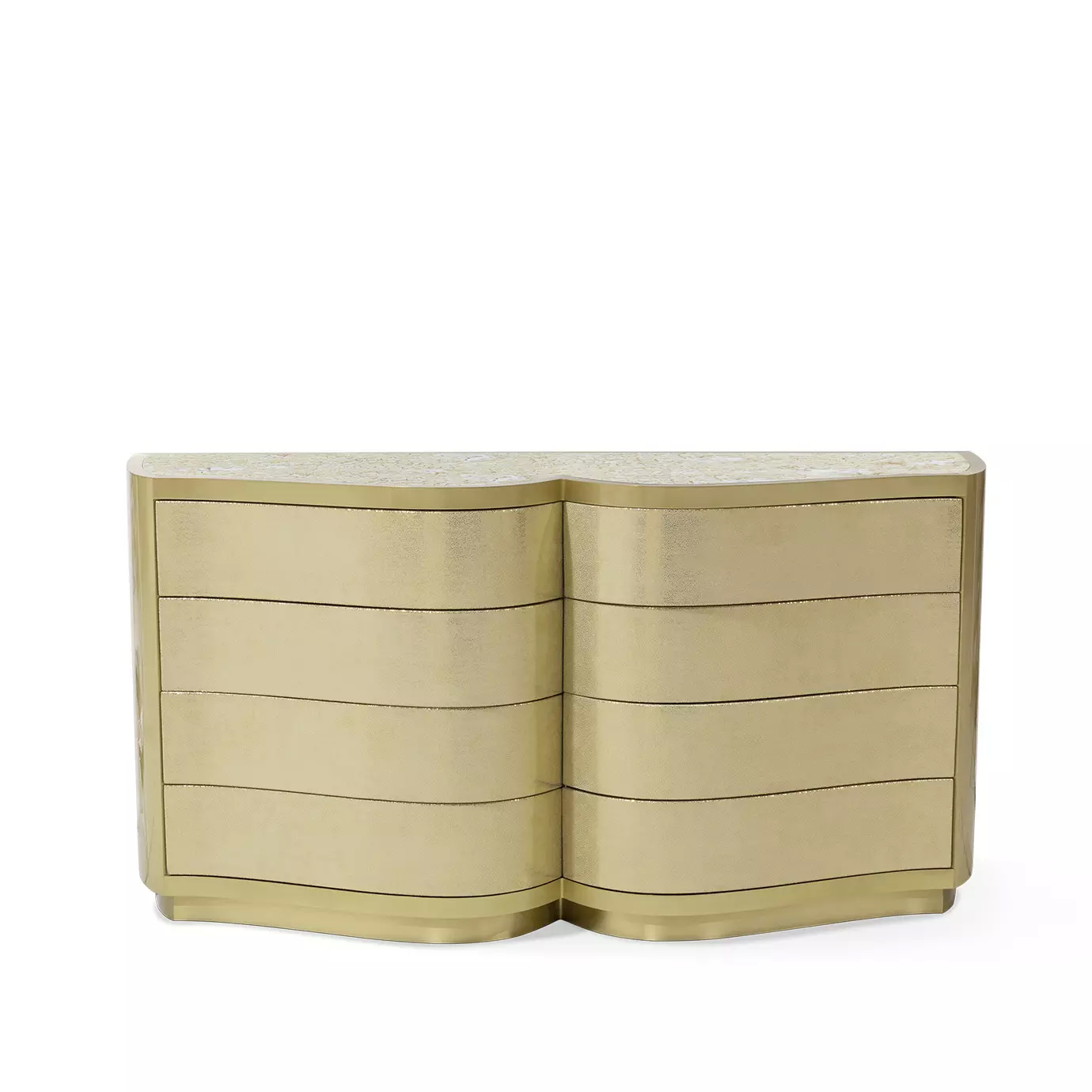 The Poêm Chest features a unique, curved golden design with four drawers and a light-colored, textured top.