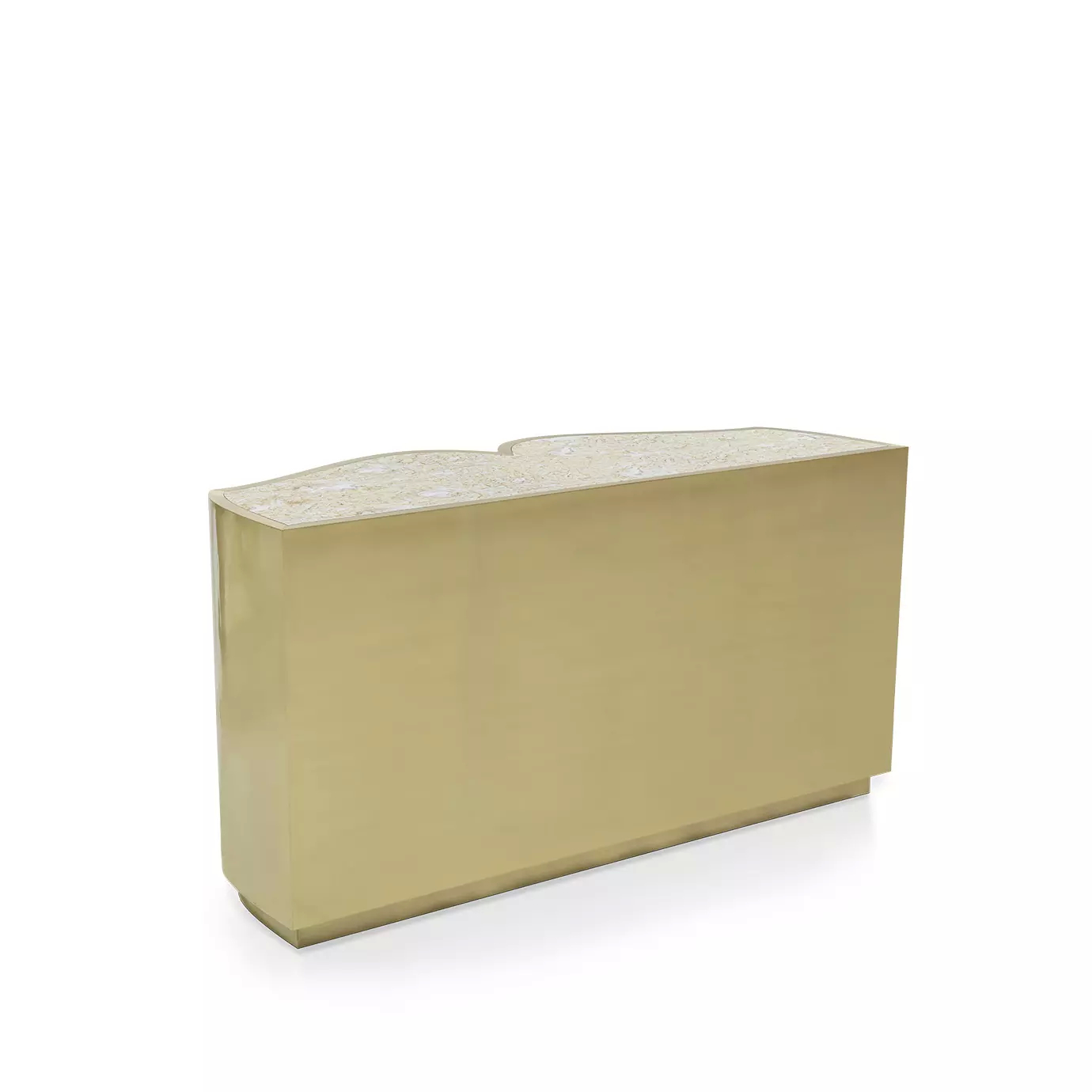 Slightly angled back view of the Poêm Chest, showing its smooth, curved golden surface and the textured light-colored top.