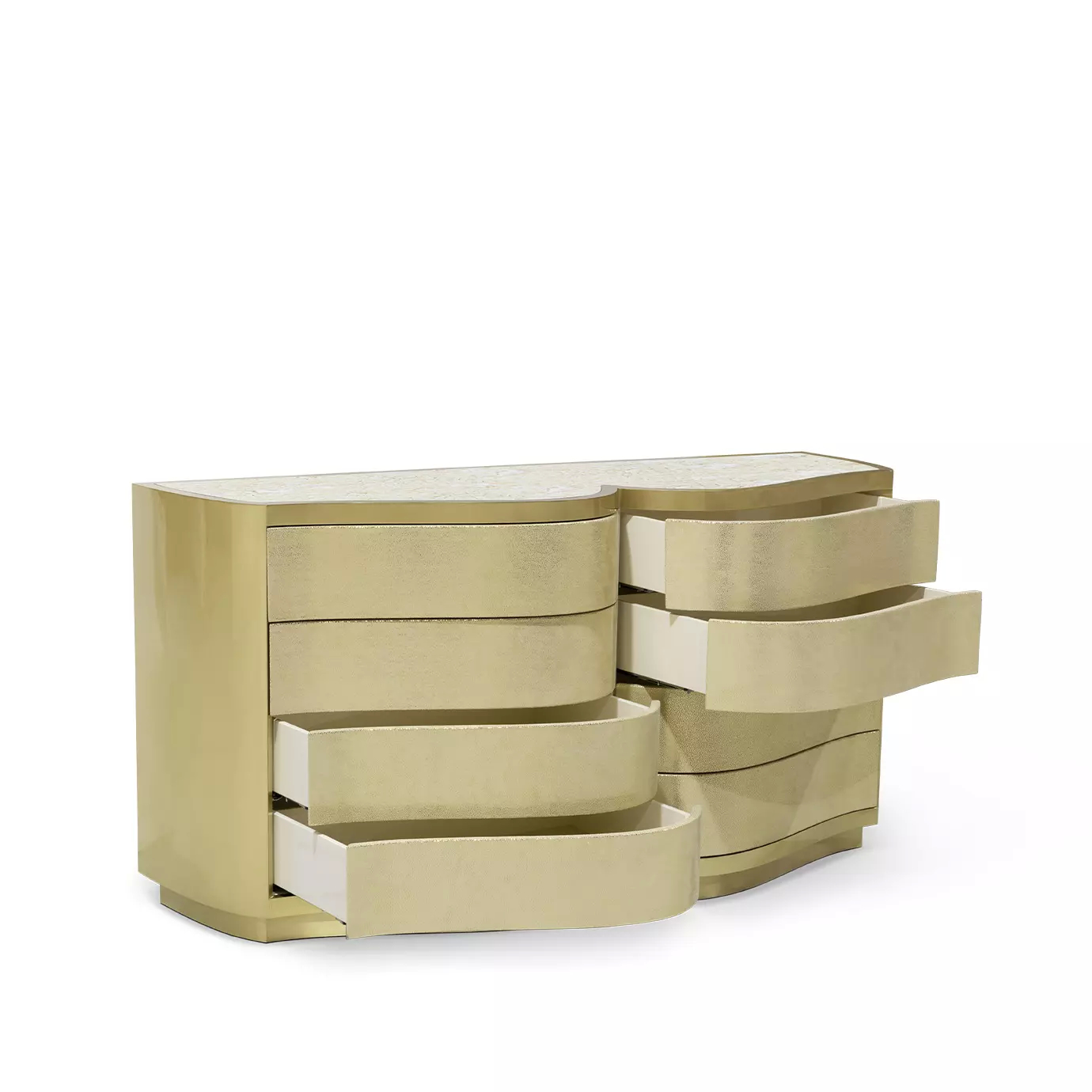 The Poêm Chest with multiple drawers extended, showing their interiors, emphasizing its curved golden design and textured top.
