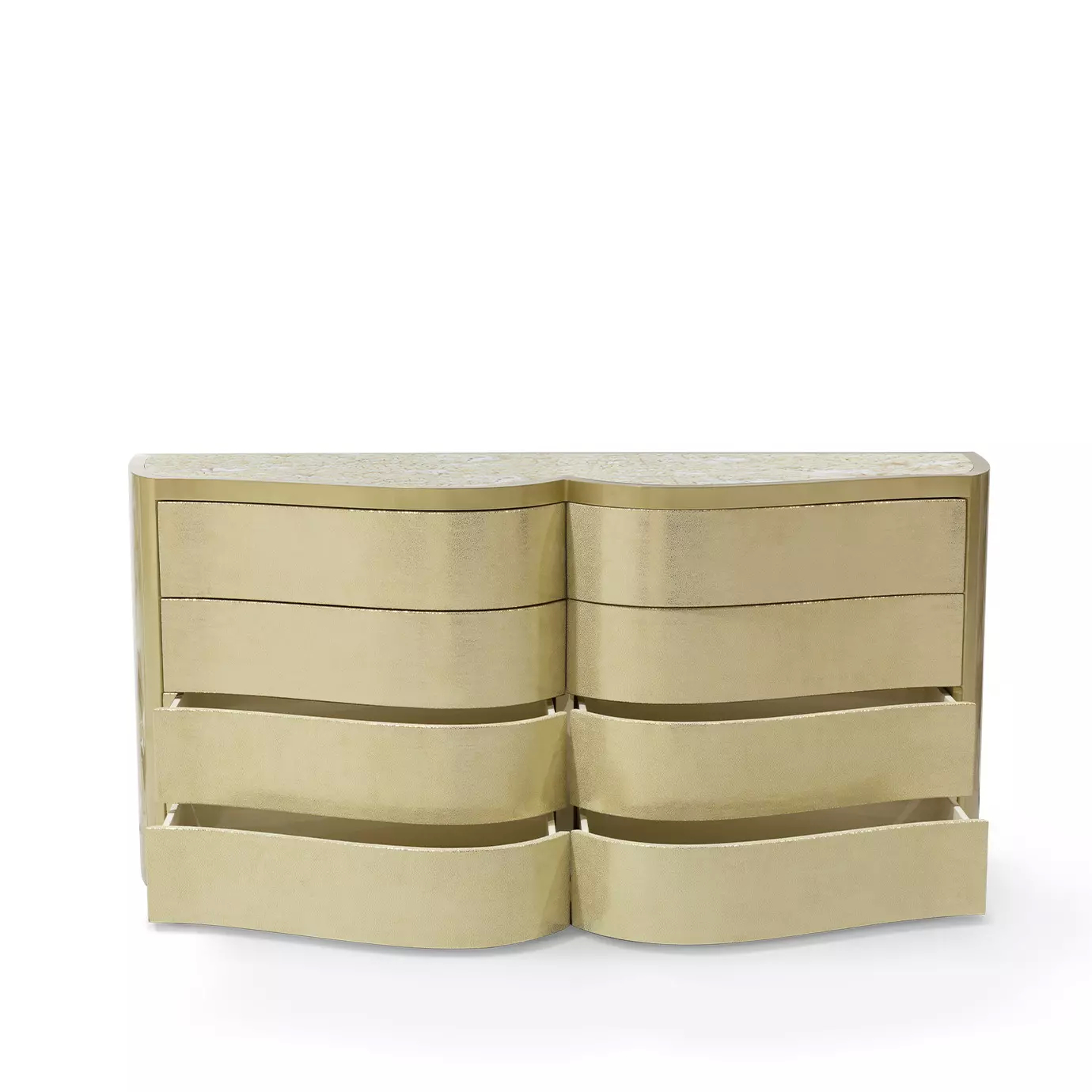 The Poêm Chest with several drawers partially open, revealing the interior, showcasing its curved, light gold design and textured top.