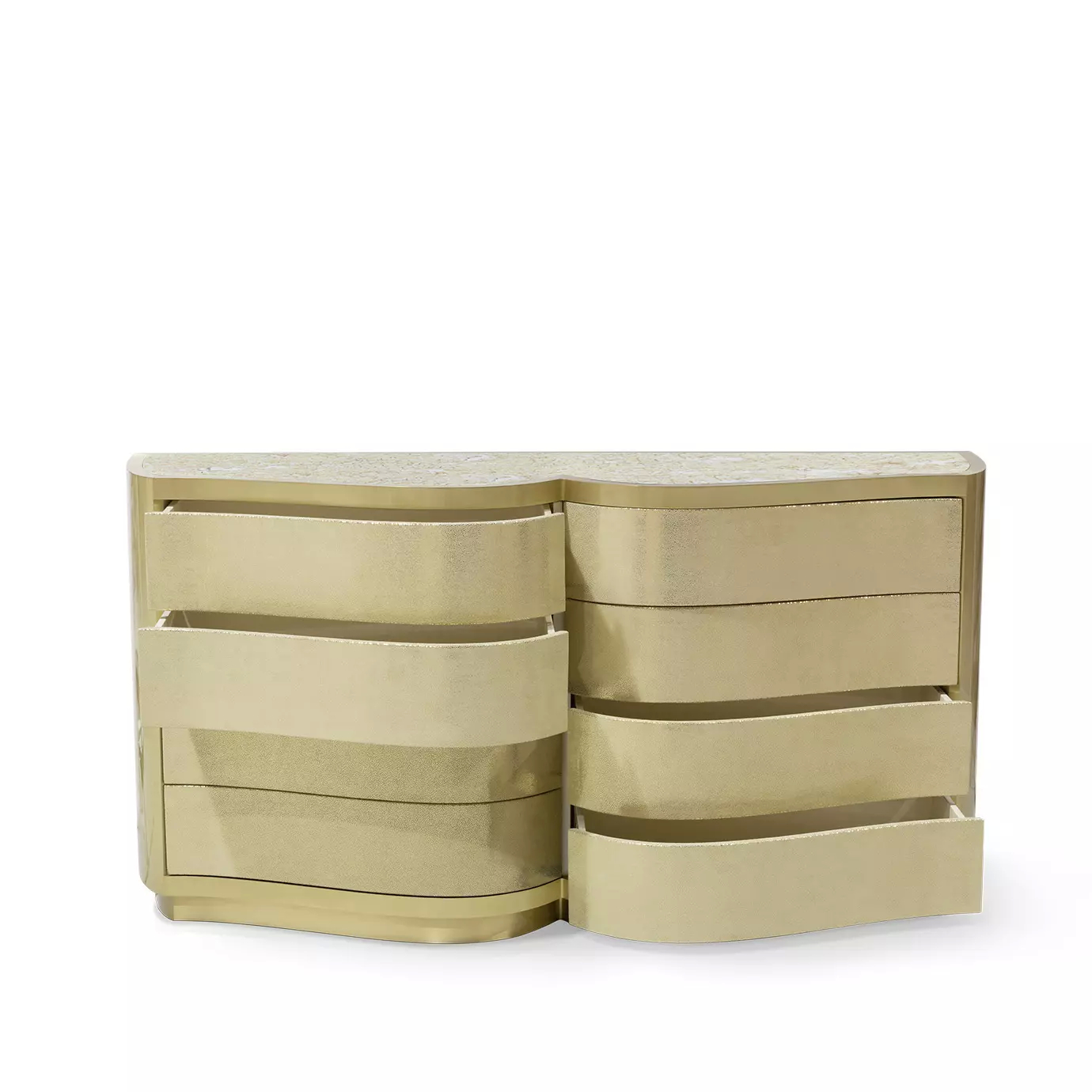 The Poêm Chest with several drawers partially open, revealing the interior, showcasing its curved, light gold design and textured top.