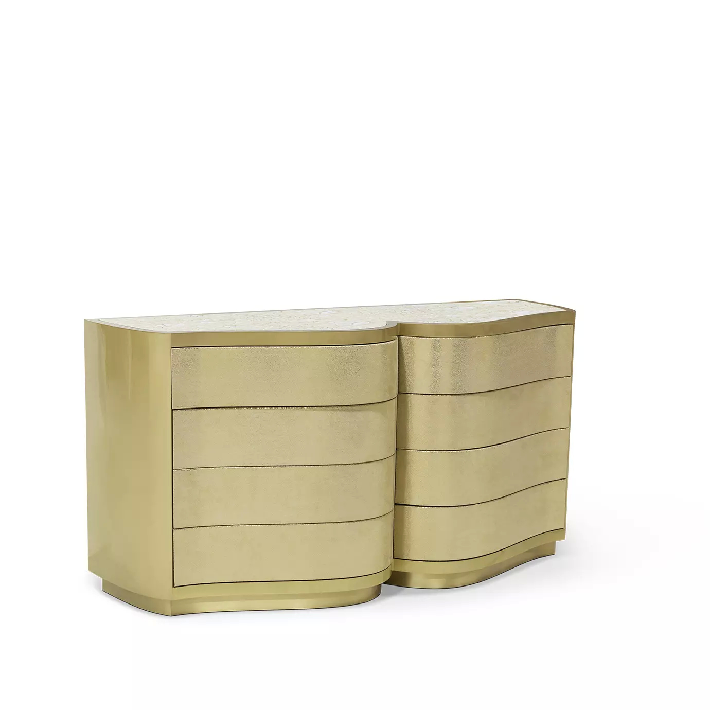 Slightly angled view of the Poêm Chest, showcasing its unique curved golden form, four drawers, and textured light-colored top.