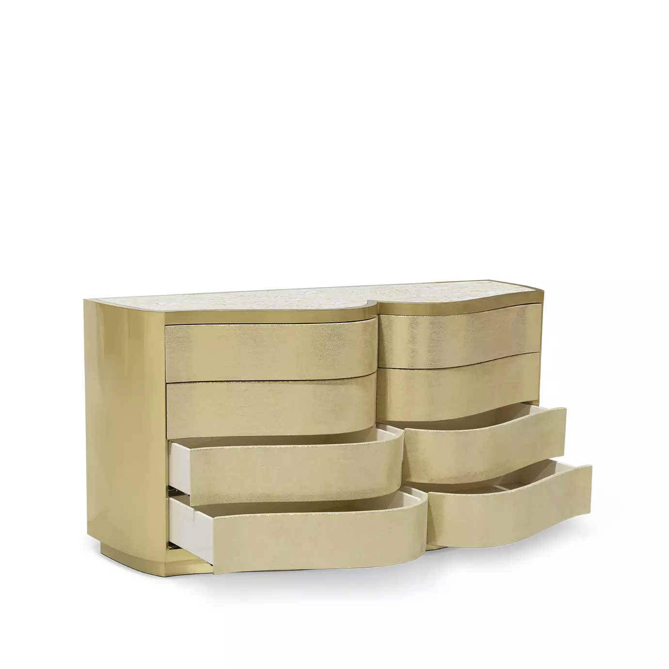 The Poêm Chest with several drawers pulled open, revealing their interiors, highlighting its curved golden shape and textured top.