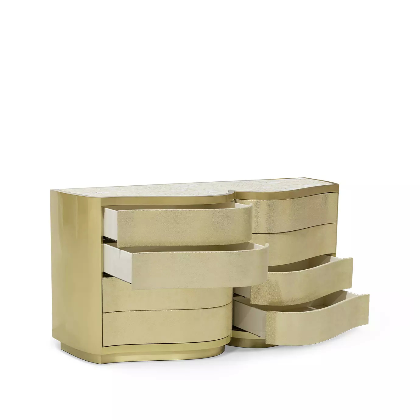 The Poêm Chest with several drawers open at varying lengths, revealing their interiors, highlighting its curved golden design and textured top.