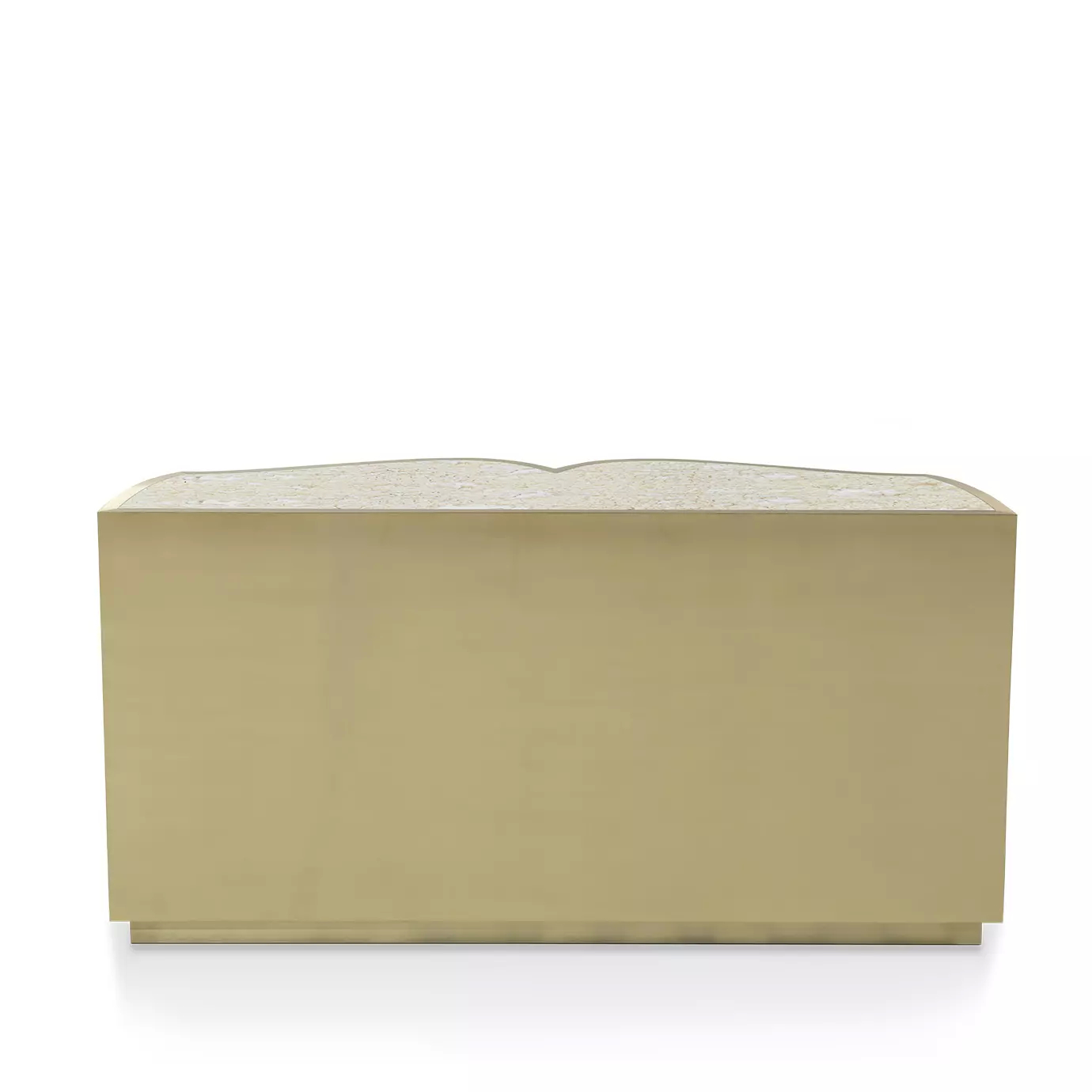 Back view of the Poêm Chest, showing its smooth, curved golden exterior and the textured light-colored top.