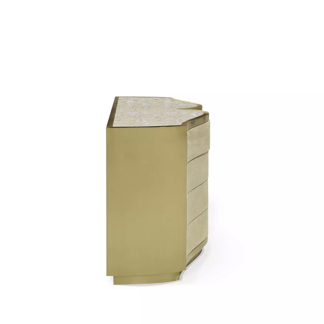 Side view of the Poêm Chest, showing its curved golden silhouette, four drawers, and the textured light-colored surface on top.
