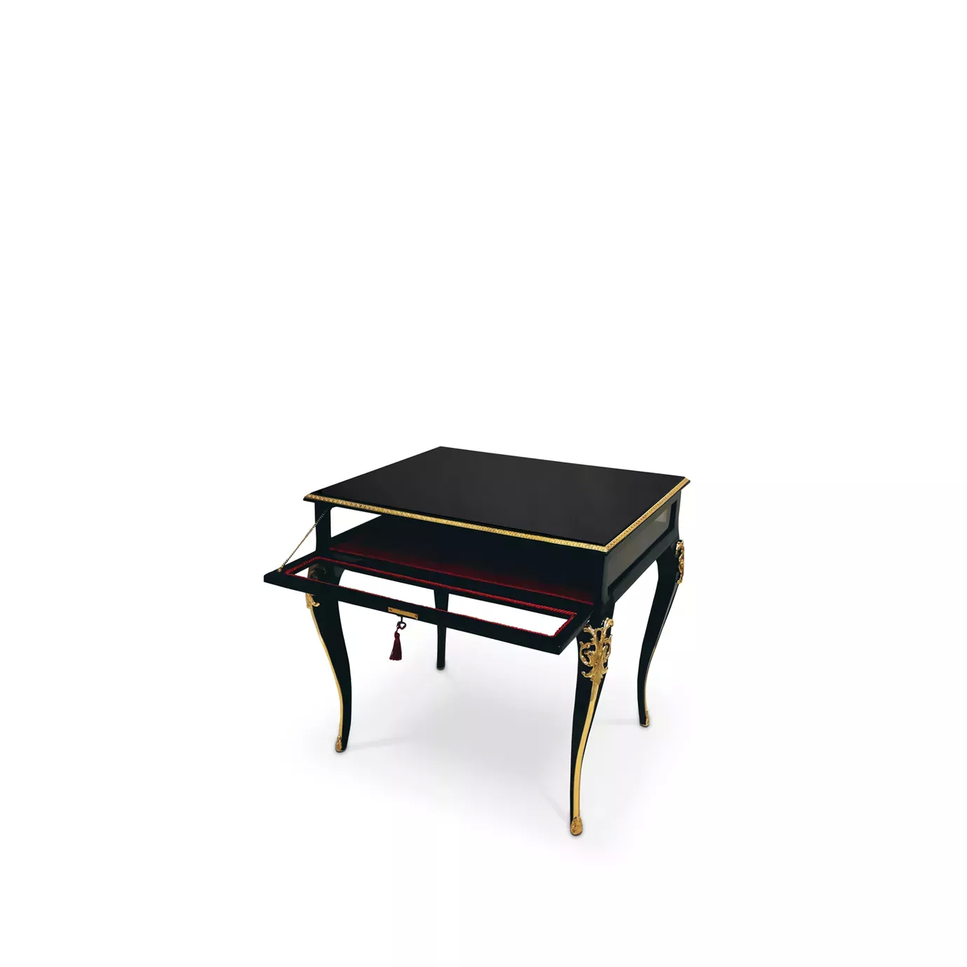 Elegant black Cabriole Nightstand with open drawer revealing red interior and golden details.