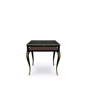 Elegant black Cabriole Nightstand with ornate golden details and drawer with red tassel.