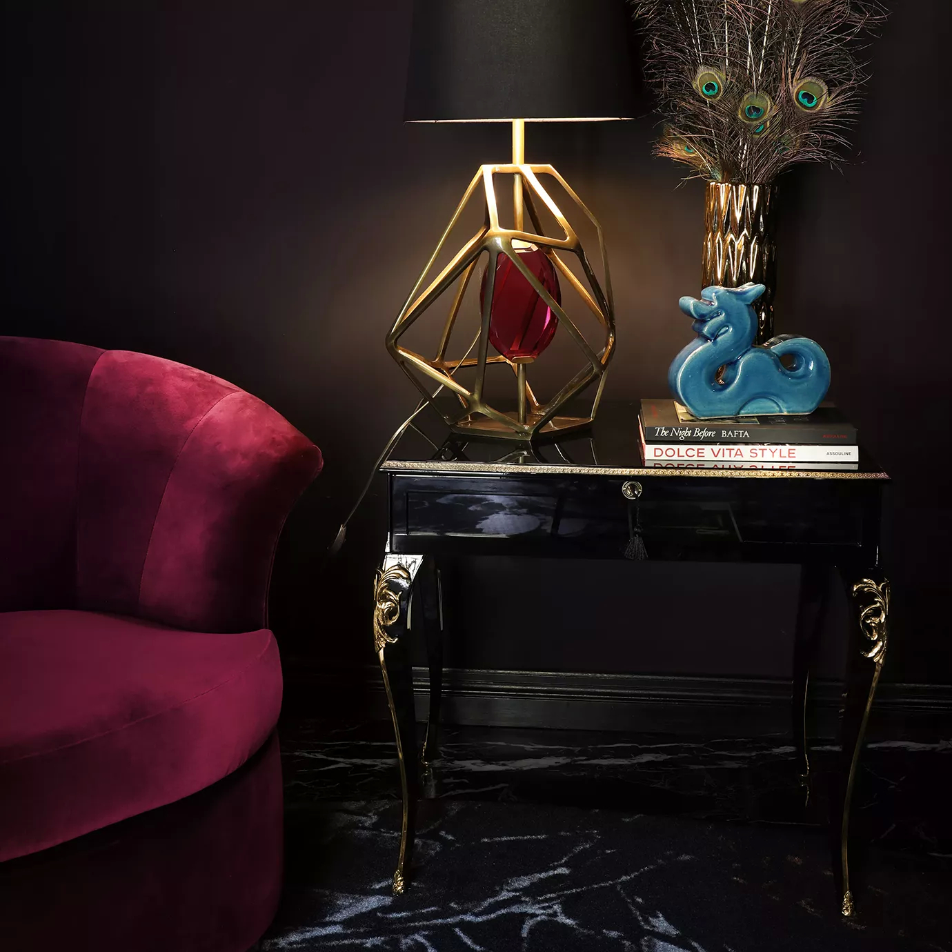 Elegant black Cabriole Nightstand with ornate golden details as a side table in a sophisticated bedroom.