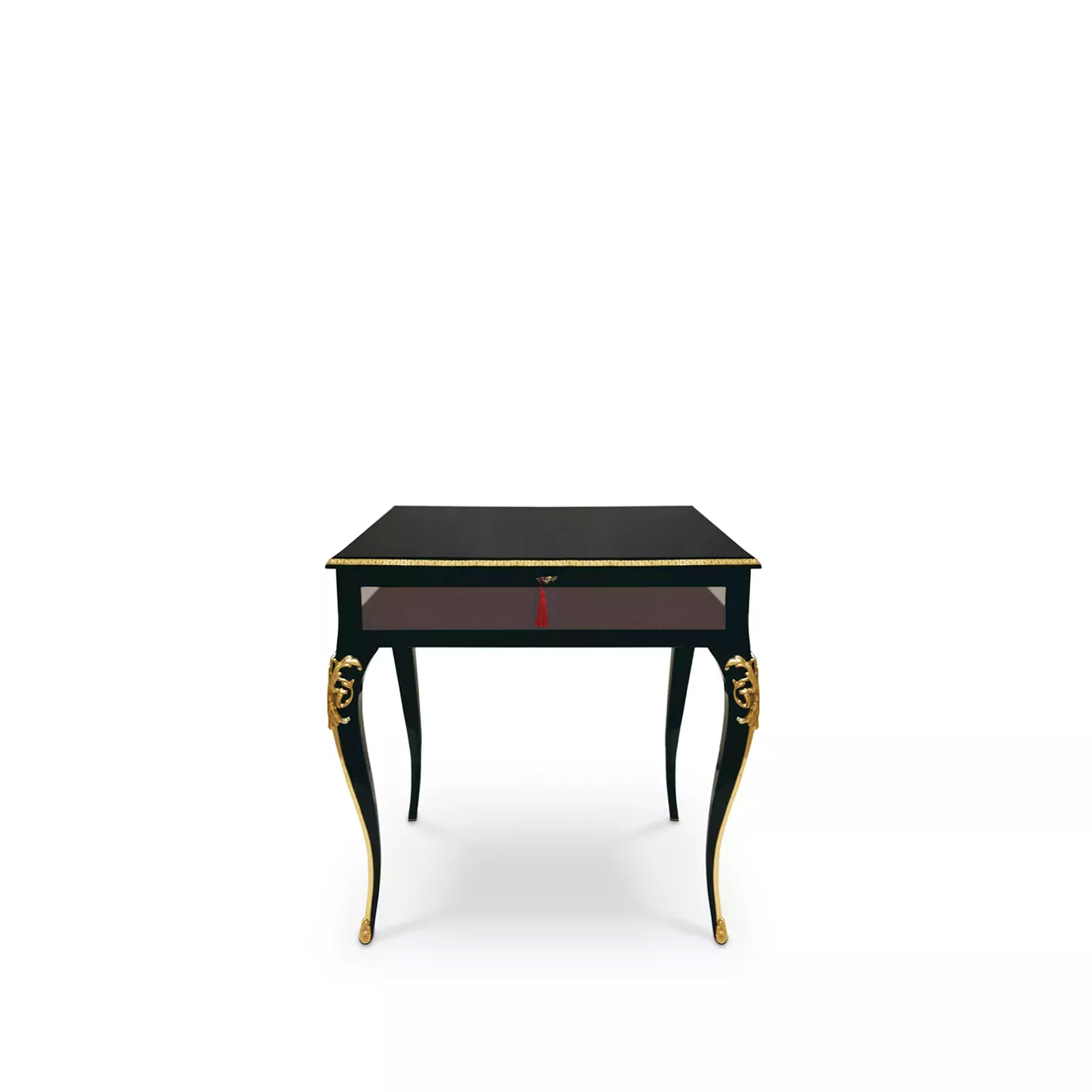 Elegant black Cabriole Nightstand with ornate golden details and drawer with red tassel.