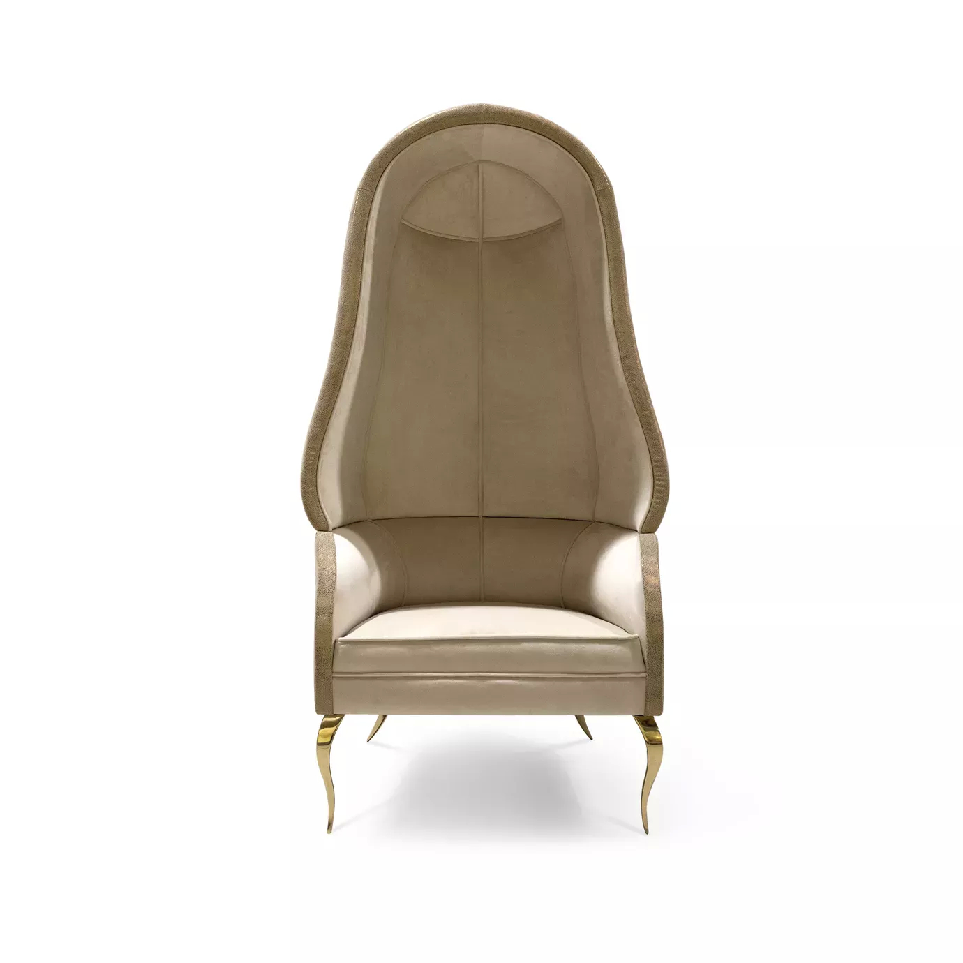 Front view of the Drapesse Leather Back Chair, showcasing its tall, enveloping back with a subtle watermark and elegant, slender golden legs.