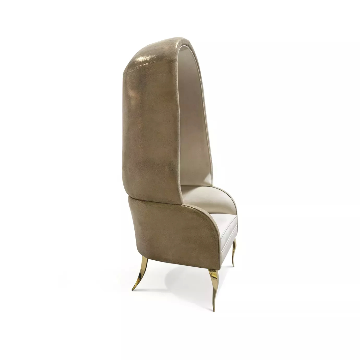Side view of the Drapesse Leather Back Chair, featuring its tall, enveloping back with a subtle watermark pattern and slender golden legs.