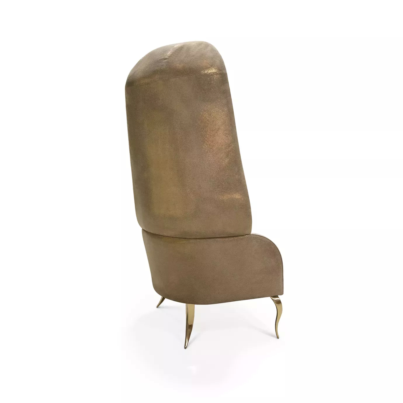 Slightly angled back view of the Drapesse Leather Back Chair, showcasing its tall, curved back with a subtle shimmer and elegant golden legs.