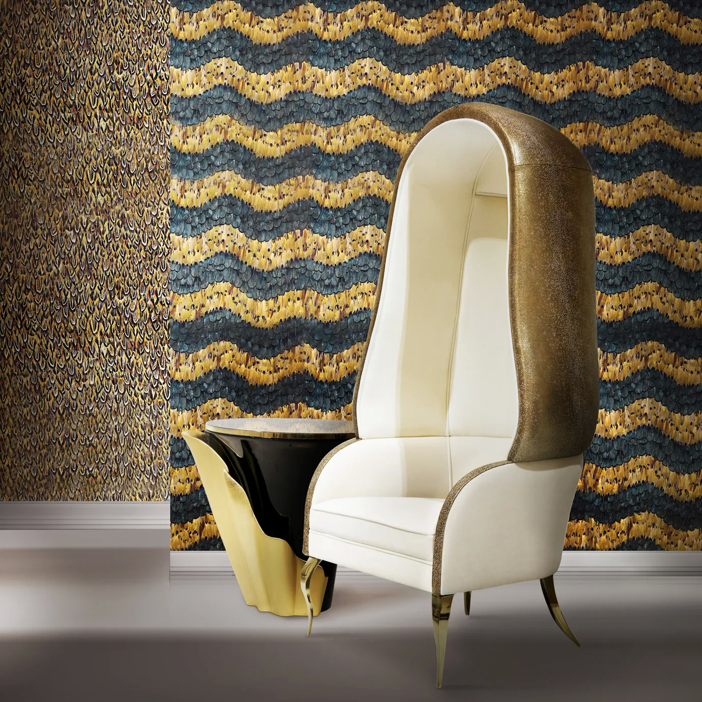 The Drapesse Leather Back Chair stands in a room with textured wallpaper and a sleek black and gold side table.
