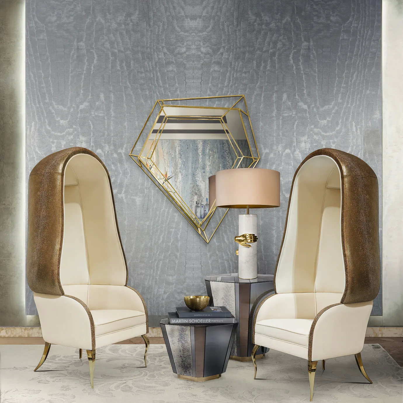 Two Drapesse Leather Back Chairs flank a side table with a lamp in a stylish room with a geometric mirror and textured wallpaper.