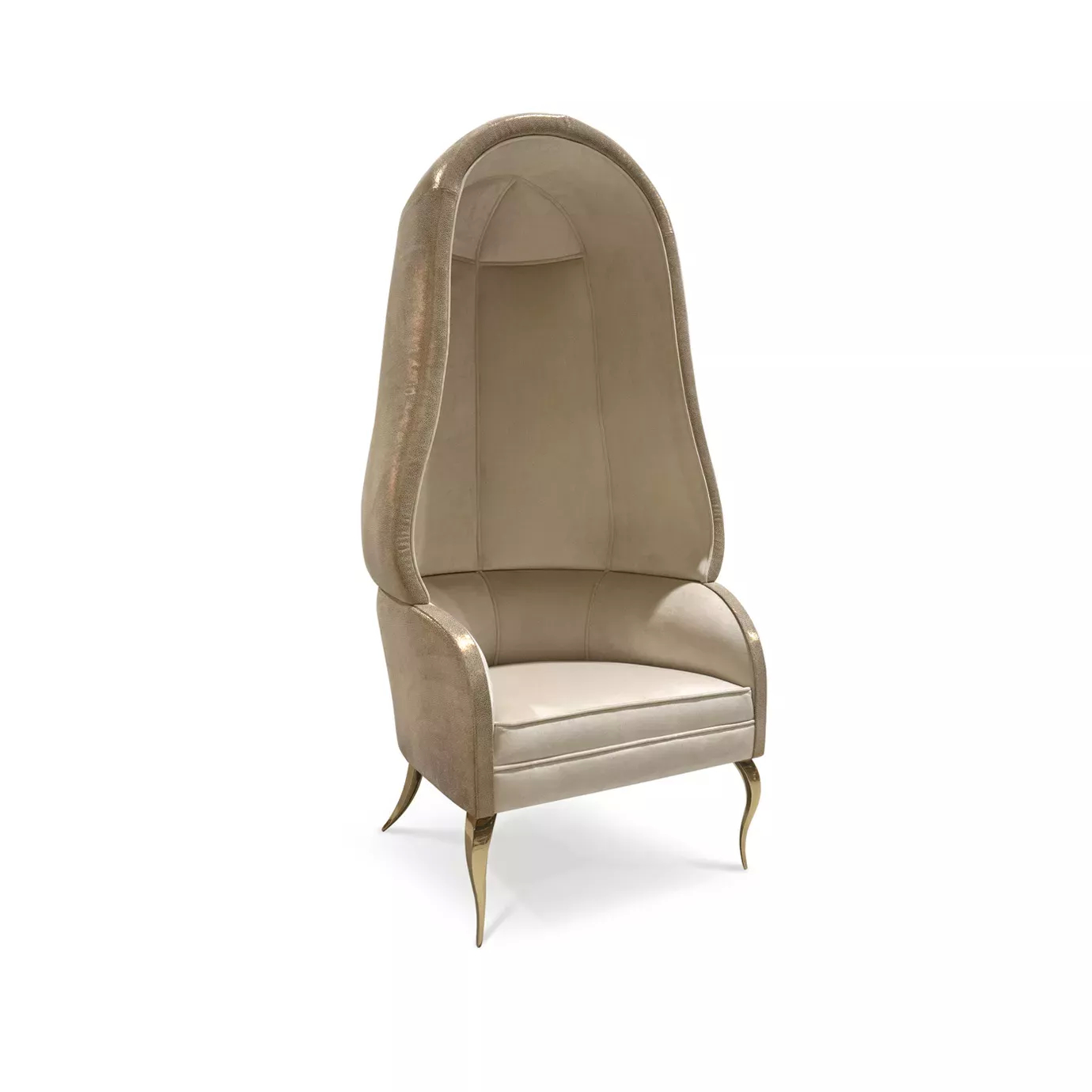 drapesse-Slightly angled view of the Drapesse Leather Back Chair, featuring a tall, enveloping back with a subtle watermark pattern and slender golden legs.
