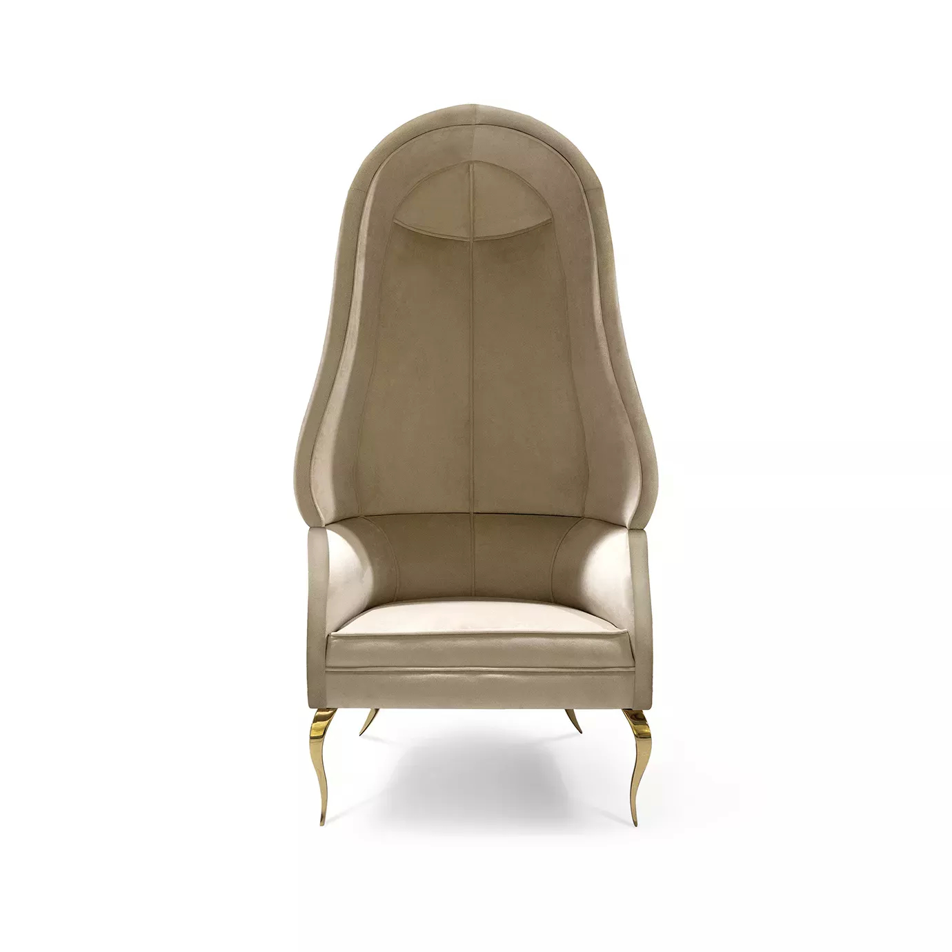 Front view of the Drapesse Fabric Back Chair, showcasing its tall, enveloping back and elegant, slender golden legs.