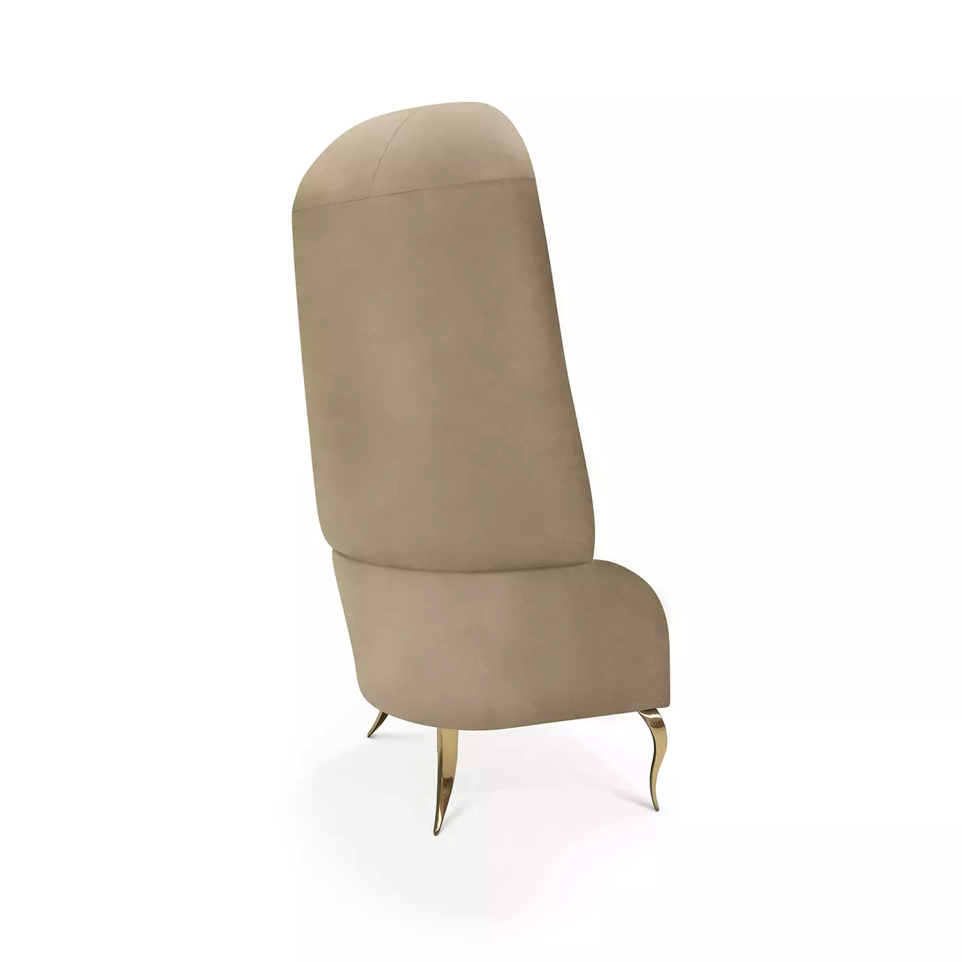 Slightly angled back view of the Drapesse Fabric Back Chair, highlighting its tall, curved back and slender golden legs.