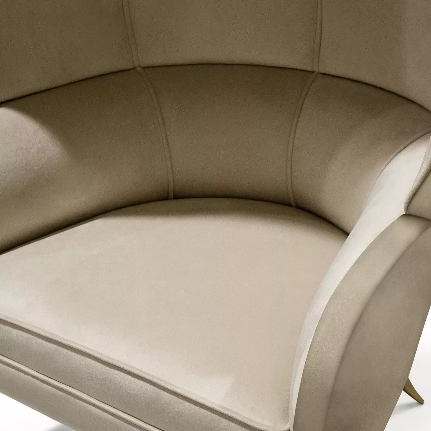 Close-up of the Drapesse Fabric Back Chair, showing the soft beige upholstery, curved back detailing, and a hint of a golden leg.