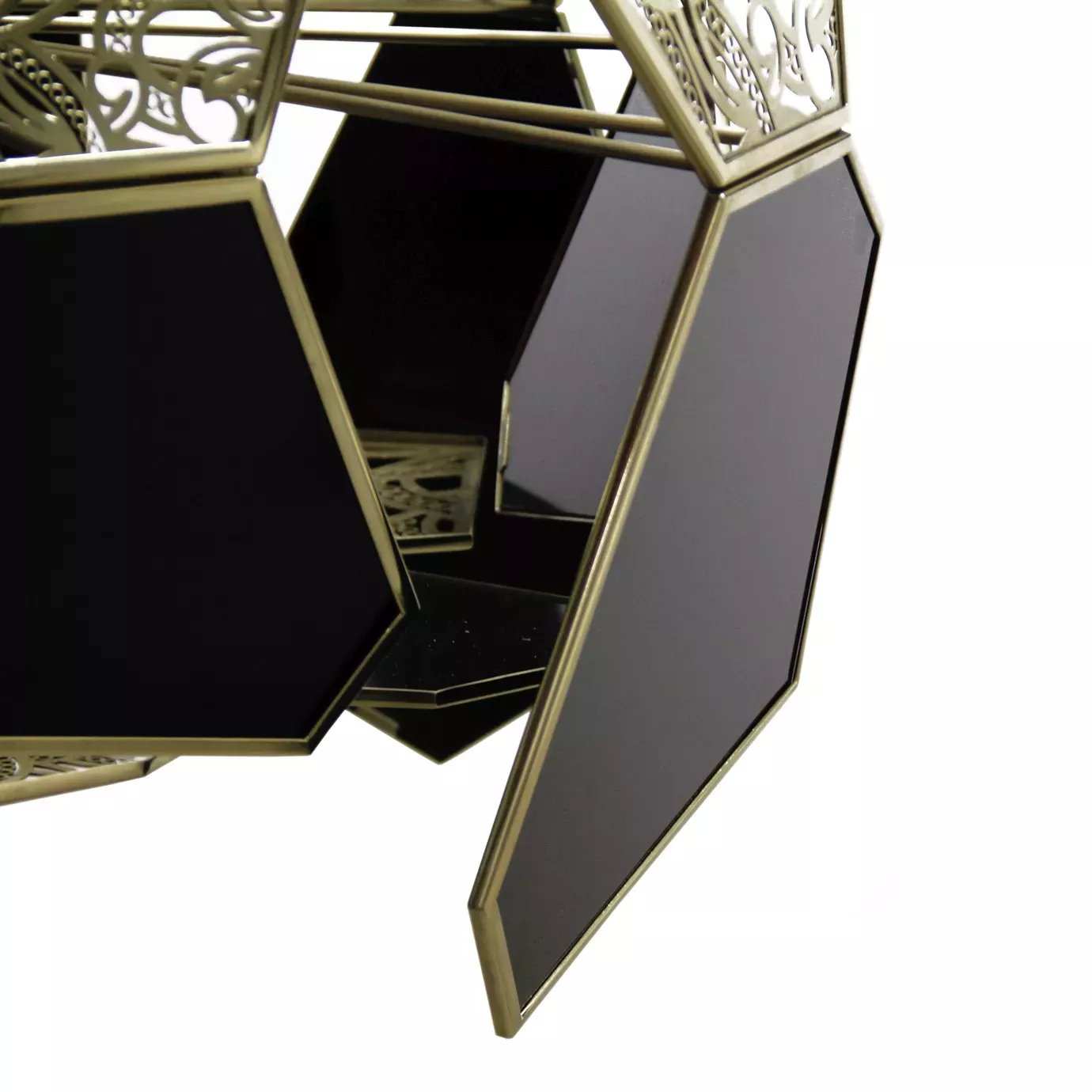 Tight view of the Hypnotic Lacquer Chandelier, showcasing the contrast between the ornate gold details and the sleek black lacquer panels.