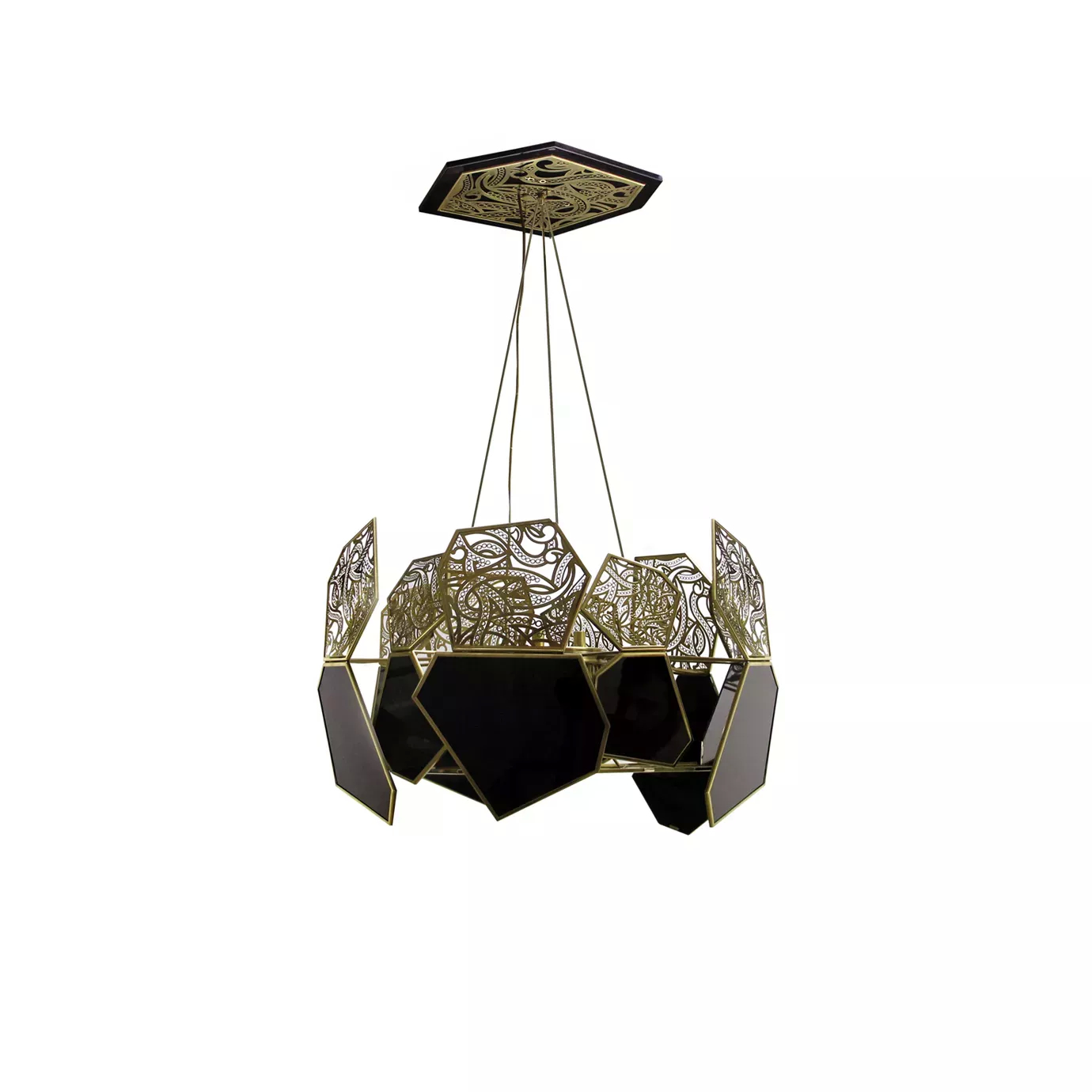 The Hypnotic Lacquer Chandelier features geometric black lacquer and ornate golden metal details suspended from a decorative canopy.
