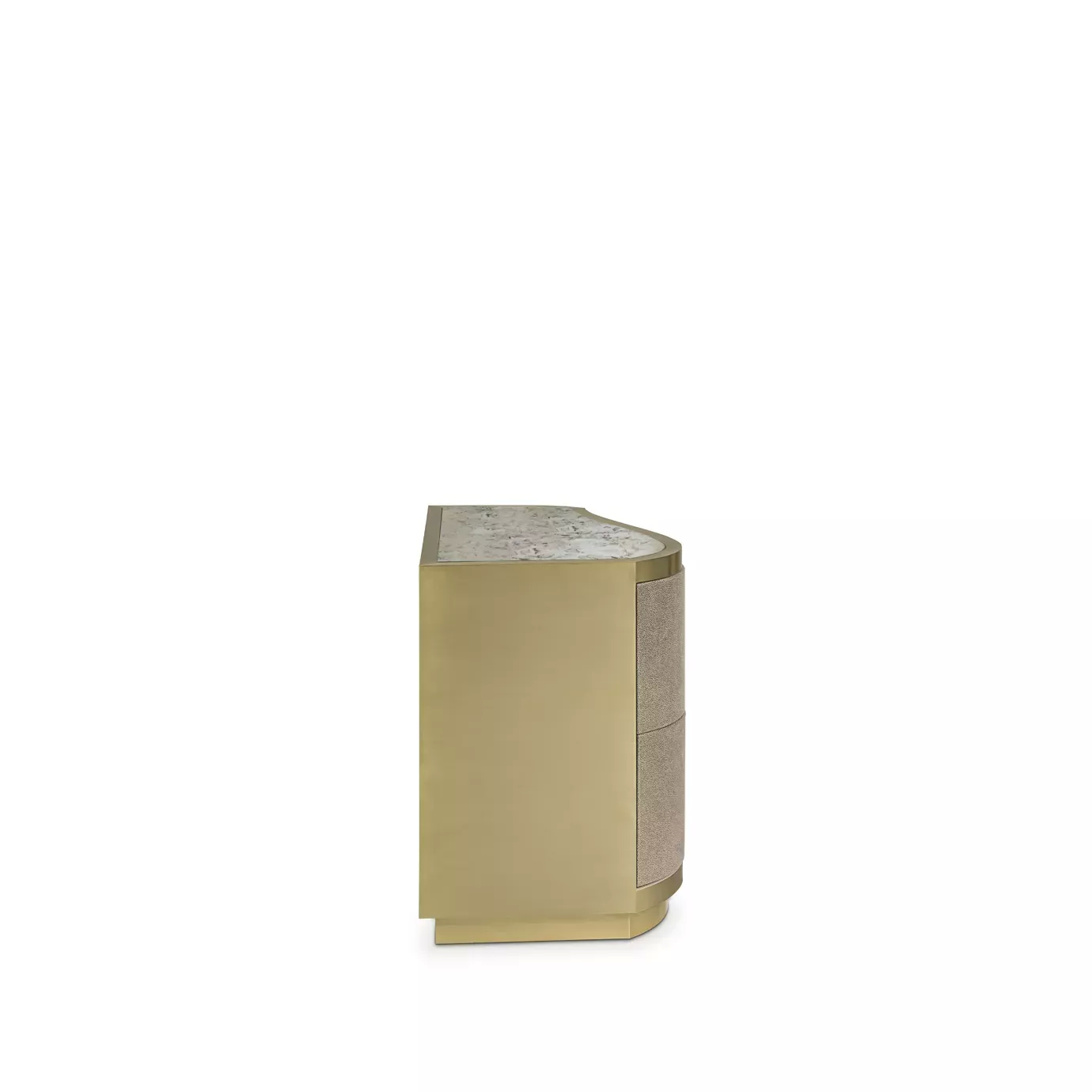 Elegant Poêm Nightstand with marble top, textured leather details, and golden finish.