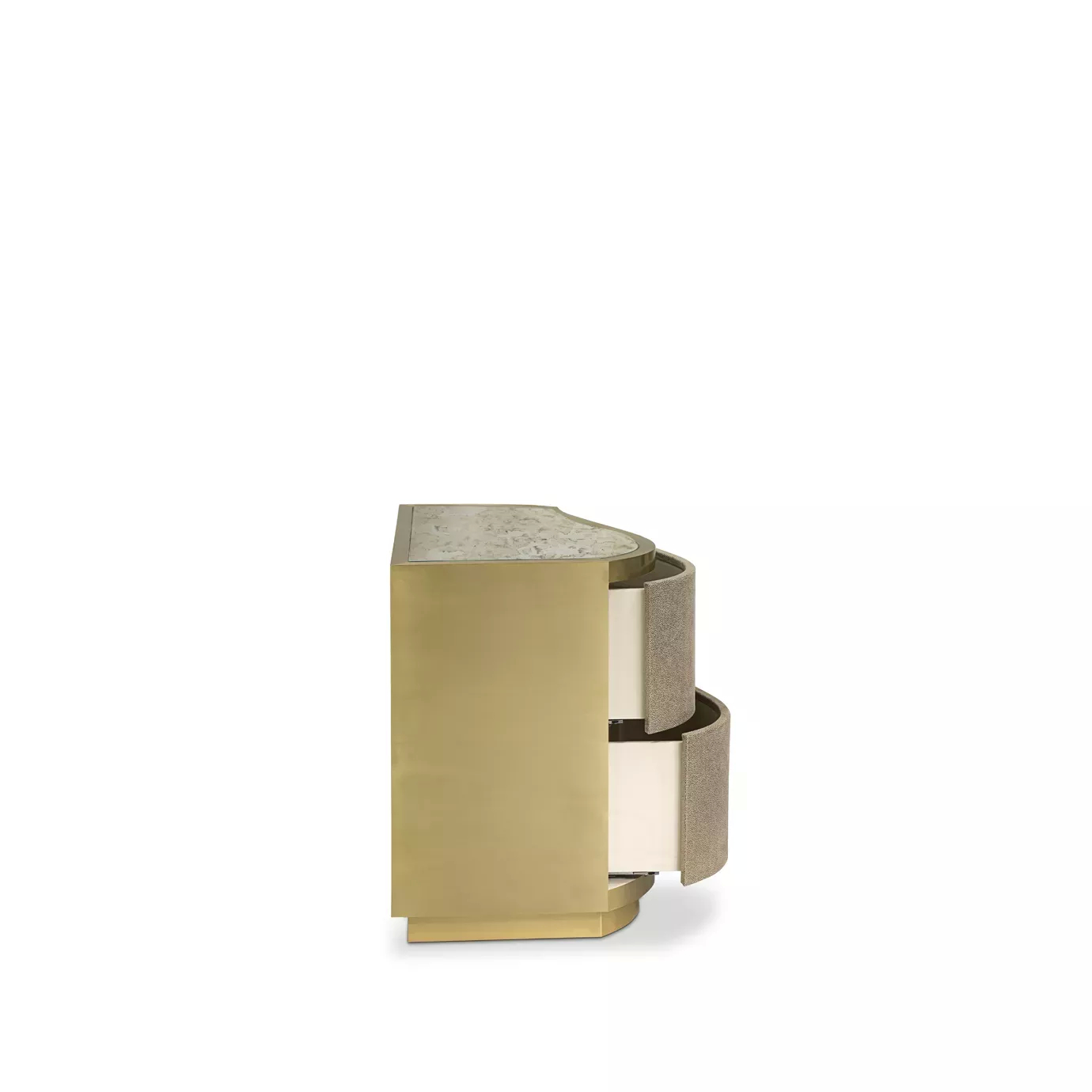 Elegant Poêm Nightstand with open drawers revealing light interior, marble top, and golden finish.