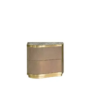 Elegant Poêm Nightstand with marble top, textured leather details, and golden base.