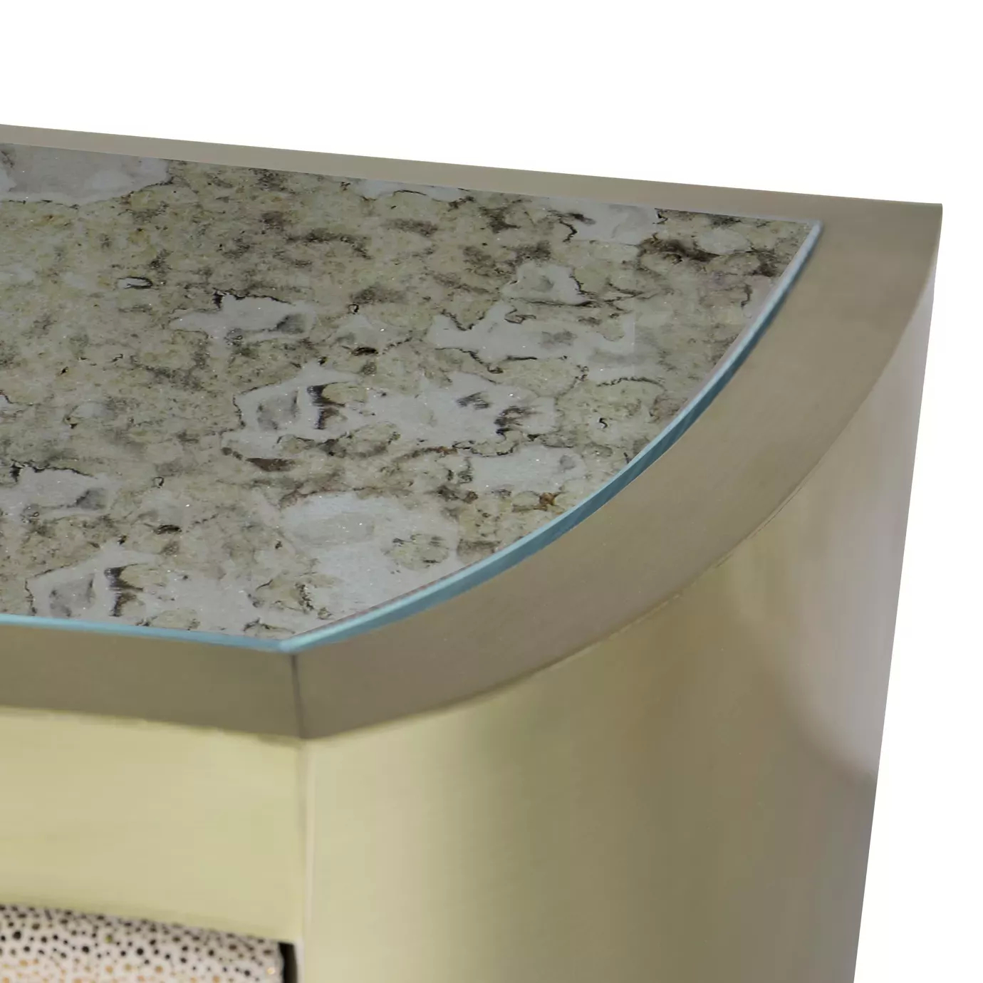 Elegant close-up of the light marble top of the Poêm Nightstand.