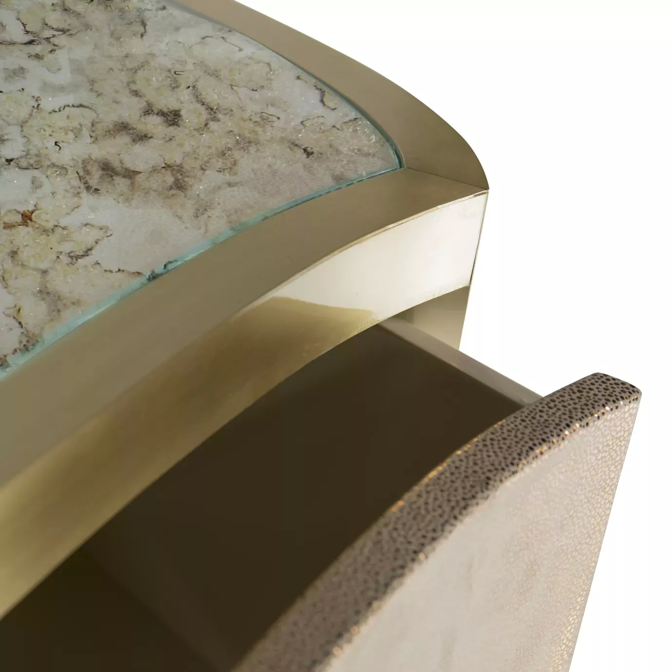 Elegant close-up of the partially open drawer with textured leather detail and light marble top of the Poêm Nightstand.