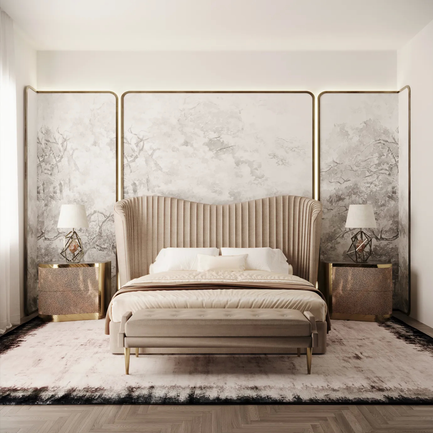Elegant bedroom featuring the Kelly Bed with high headboard in beige fabric, Poêm Nightstands, and upholstered bench.