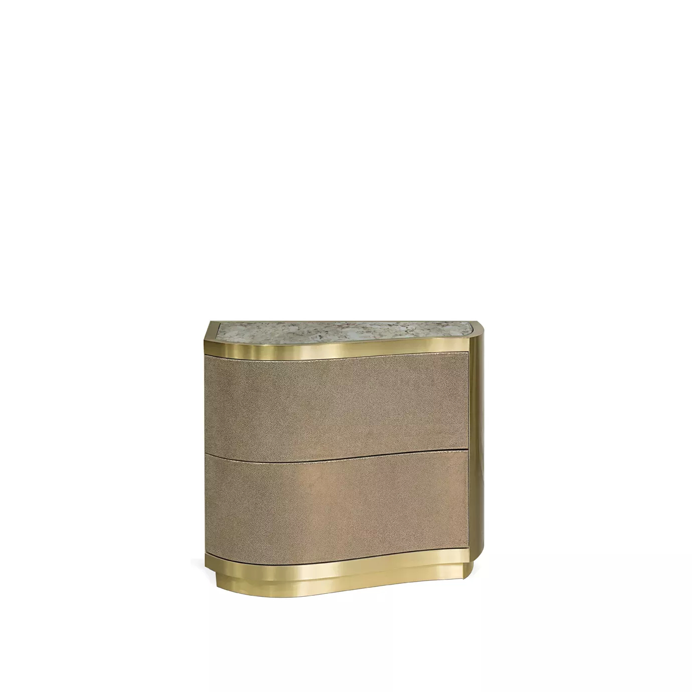 Elegant Poêm Nightstand with marble top, textured leather details, and golden base.