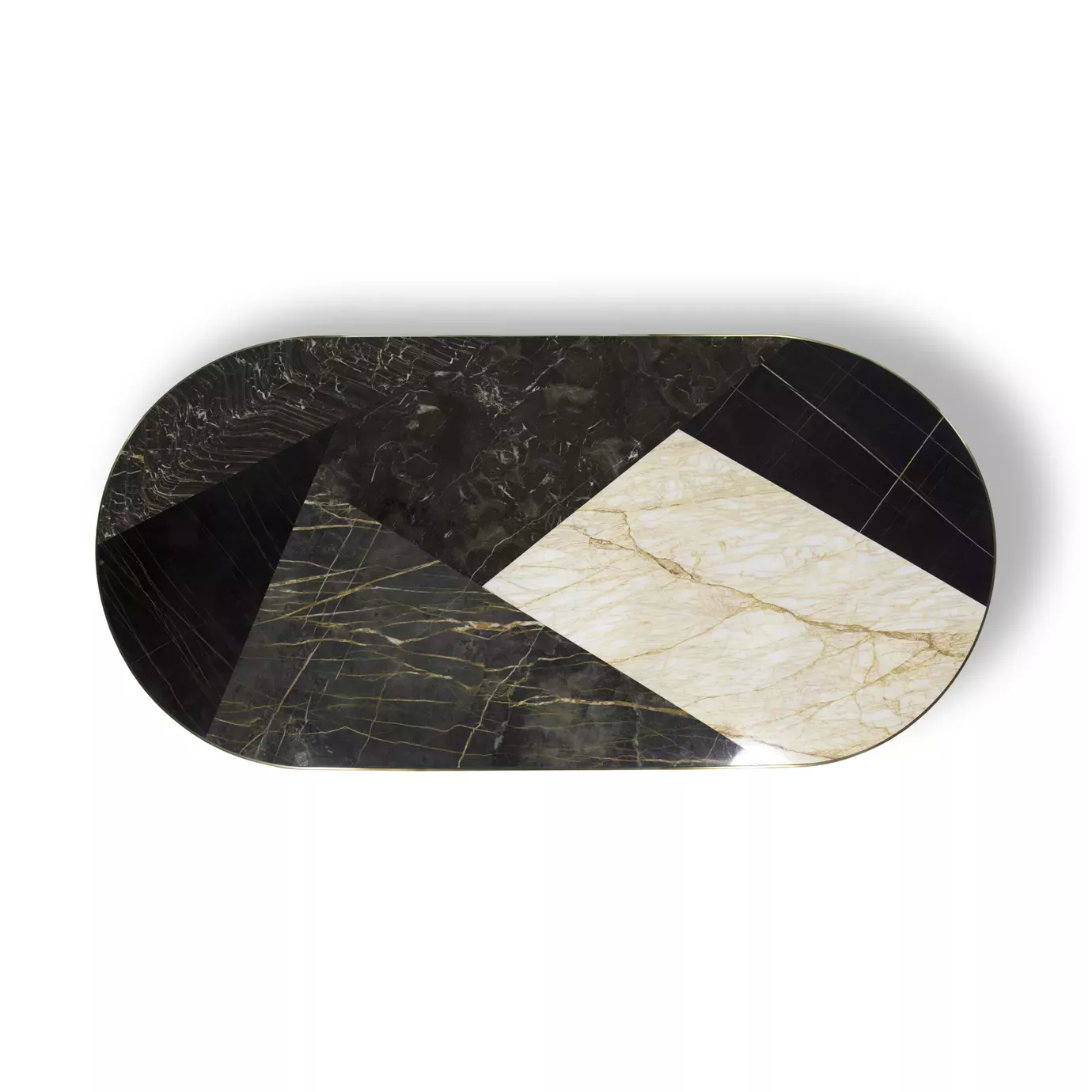 Top-down view of the Decodiva Golden & Spider Marble Dining Table, showing its geometric black and white marble pattern with gold accents.