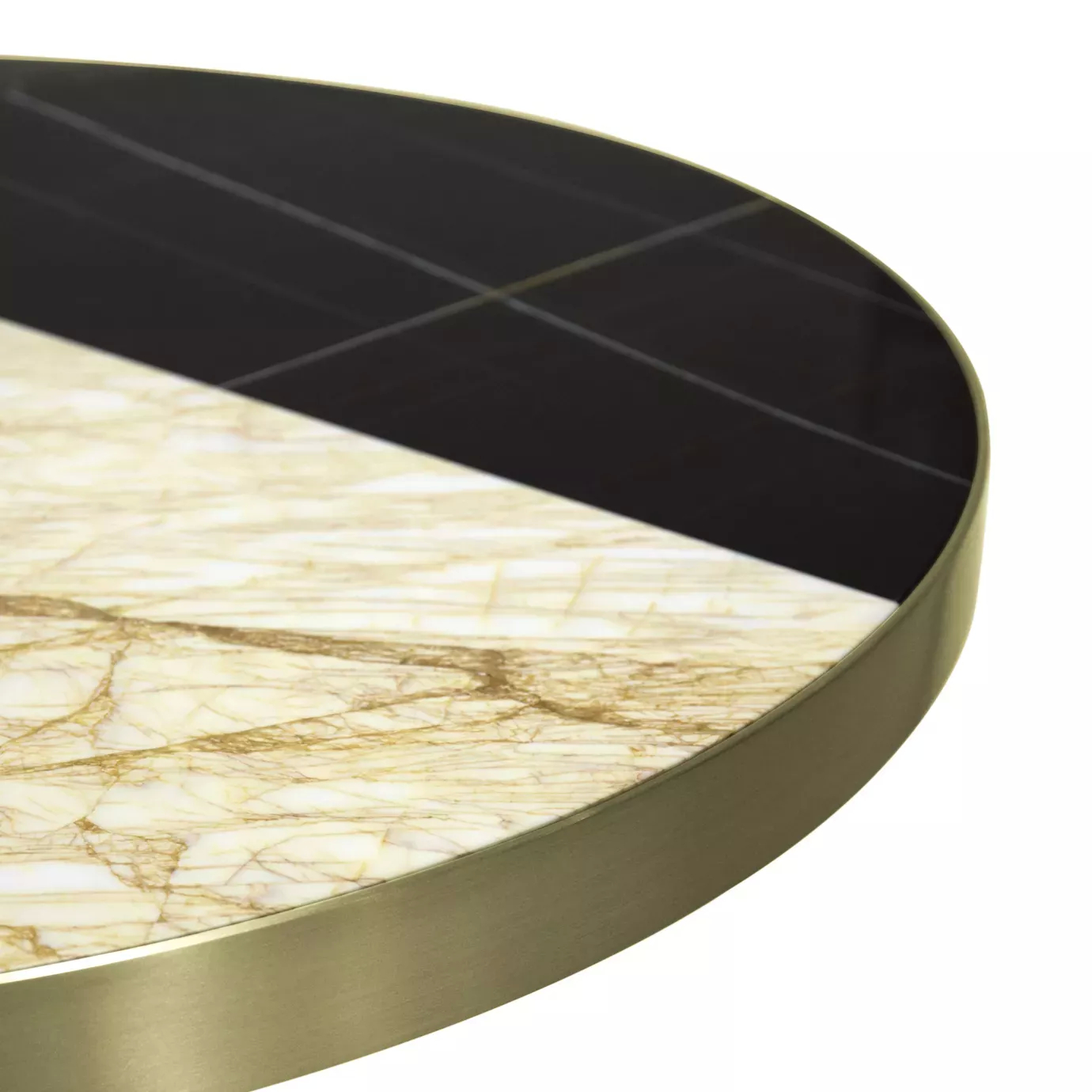 Close-up of the Decodiva Dining Table's marble top, showing the contrast between the black and white sections and the golden trim.