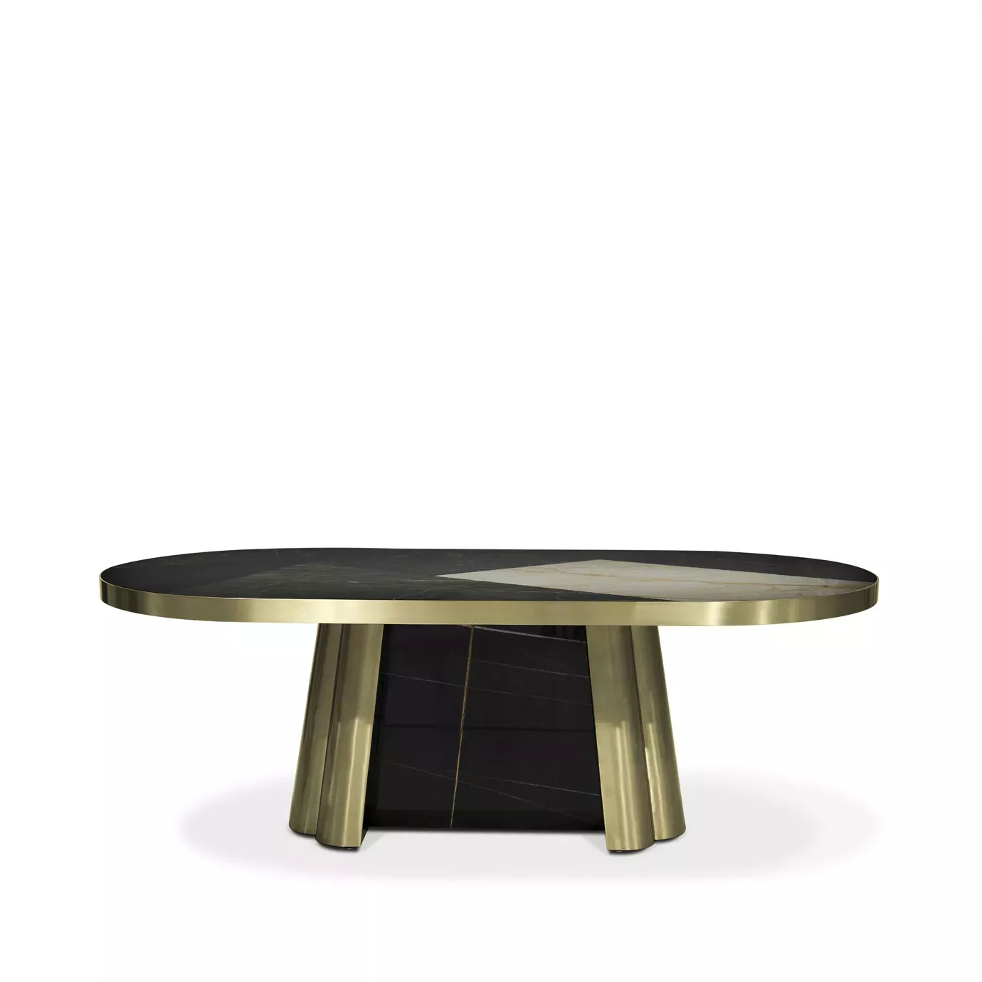 The Decodiva Golden & Spider Marble Dining Table features a black and white marble top with a golden trim and a black marble base with golden legs.