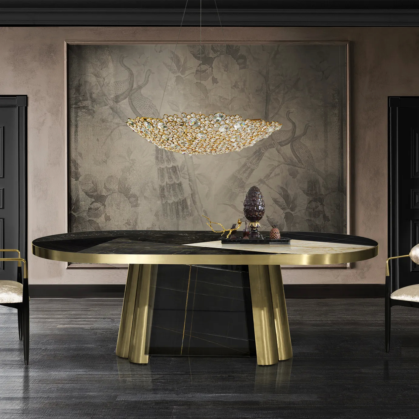 The Decodiva Golden & Spider Marble Dining Table in a luxurious dining room with a statement chandelier and peacock-themed wallpaper.
