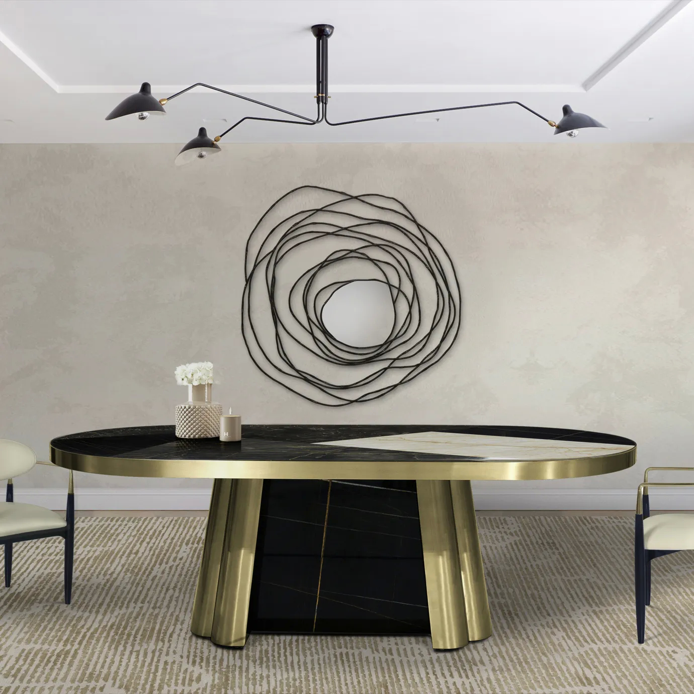 The Decodiva Golden & Spider Marble Dining Table in a modern dining room with a unique mirror and multi-arm chandelier.