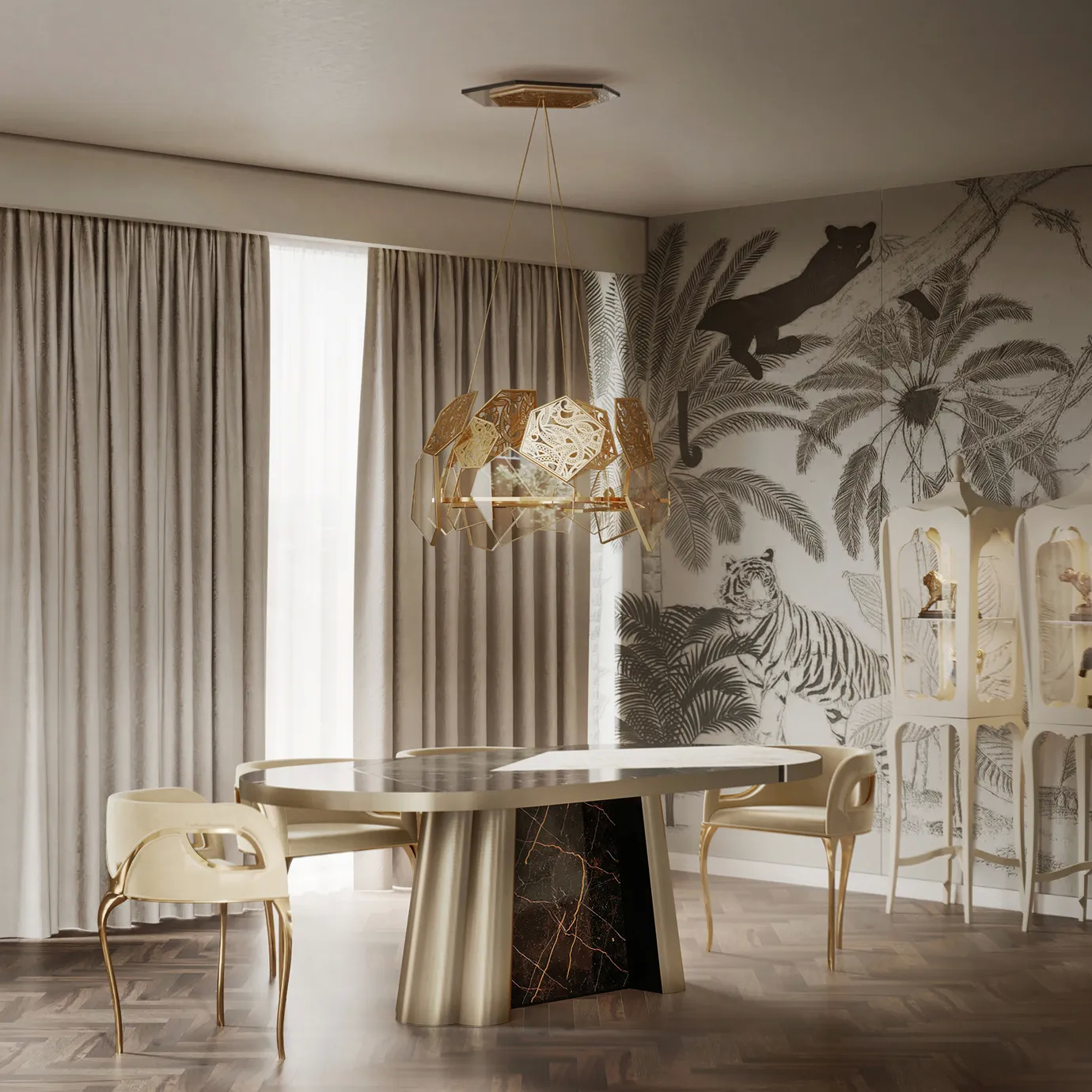 The Decodiva Golden & Spider Marble Dining Table is featured in an elegant dining room with animal-themed wallpaper and a geometric chandelier.
