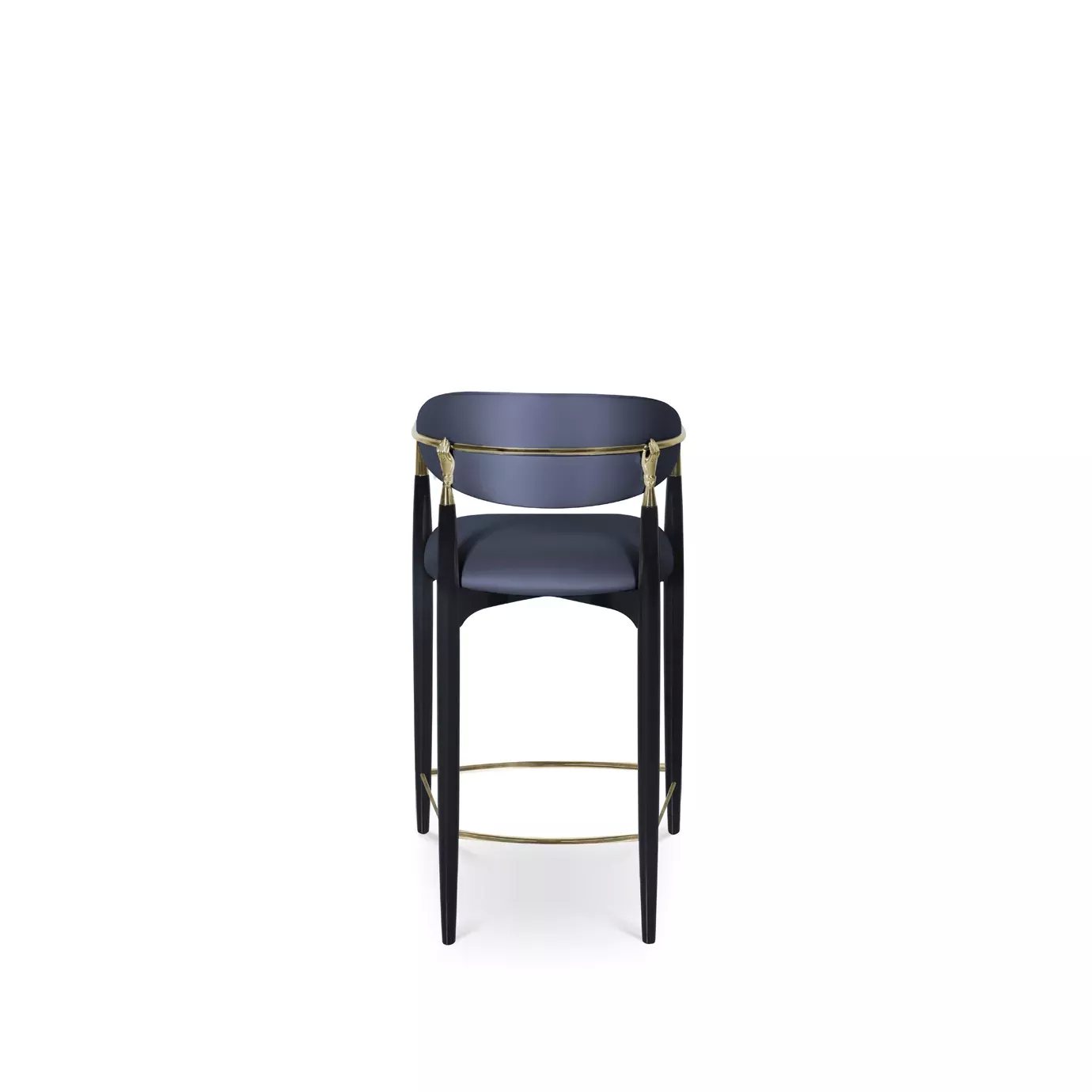 Nahéma Counter Stool: combining with its black structure, the counter stool has velvet upholstery in dark blue tones, with luxurious golden details.Nahéma Counter Stool: combining with its black structure, the chair has velvet upholstery in dark blue tones, with luxurious golden details.