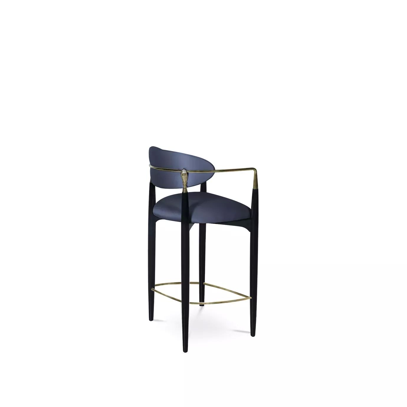 Side view of the Nahéma Counter Stool, highlighting its elegant black structure and golden details, merging in a luxurious combination with its dark blue velvet upholstery.