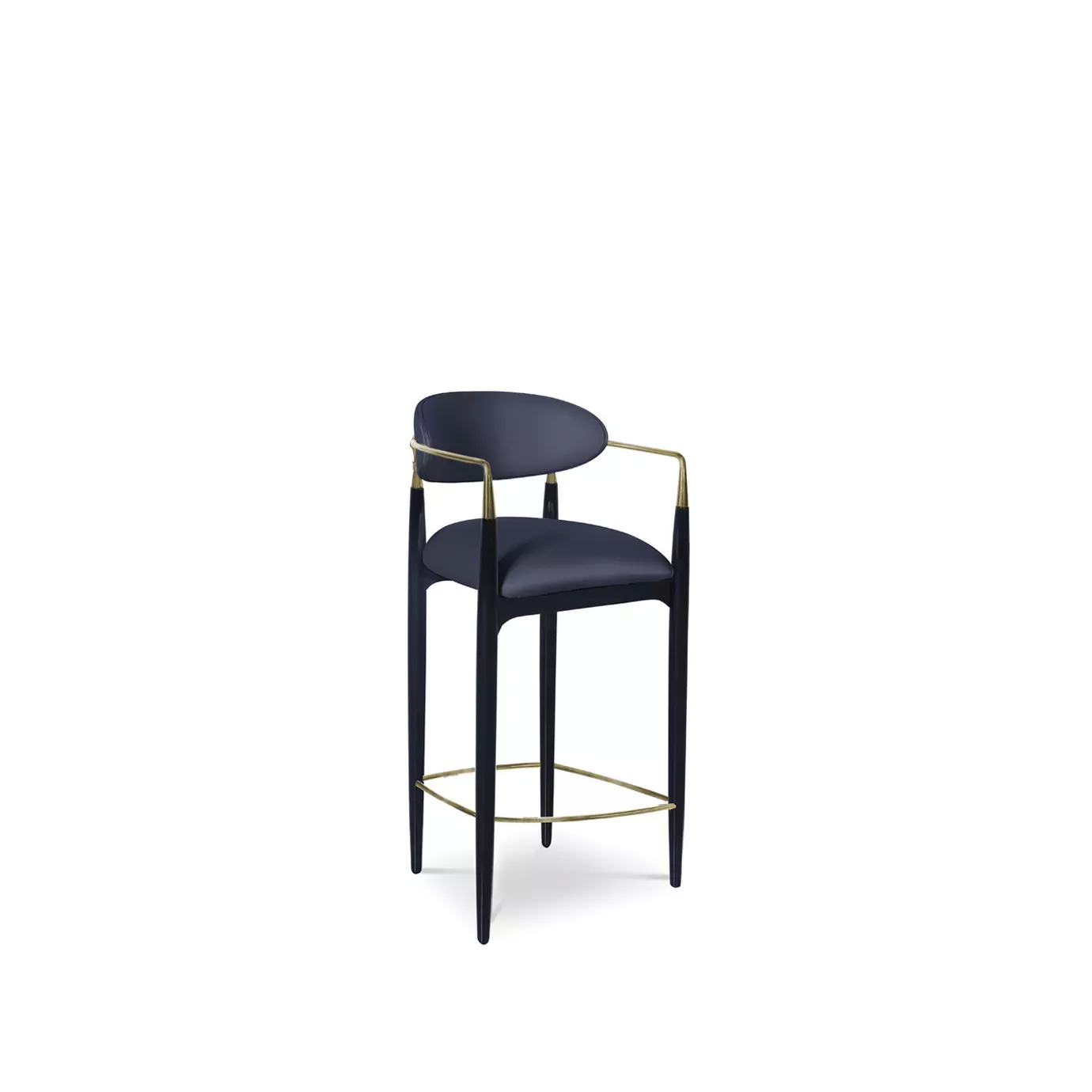Nahéma Counter Stool features a black frame contrasted by dark blue velvet upholstery and adorned with luxurious golden accents.