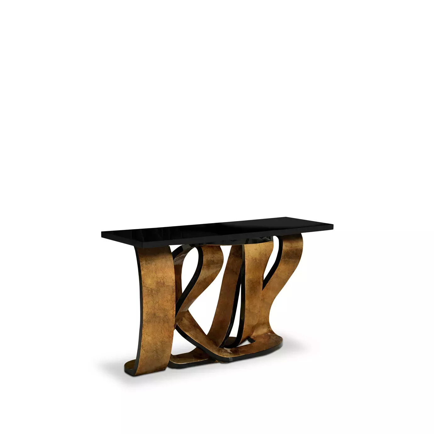 Slight side vision of the Ribbon Broken Copper Leaf Console, showcasing its luxurious twisted metal ribbon base with a copper finish and the black lacquer tabletop.