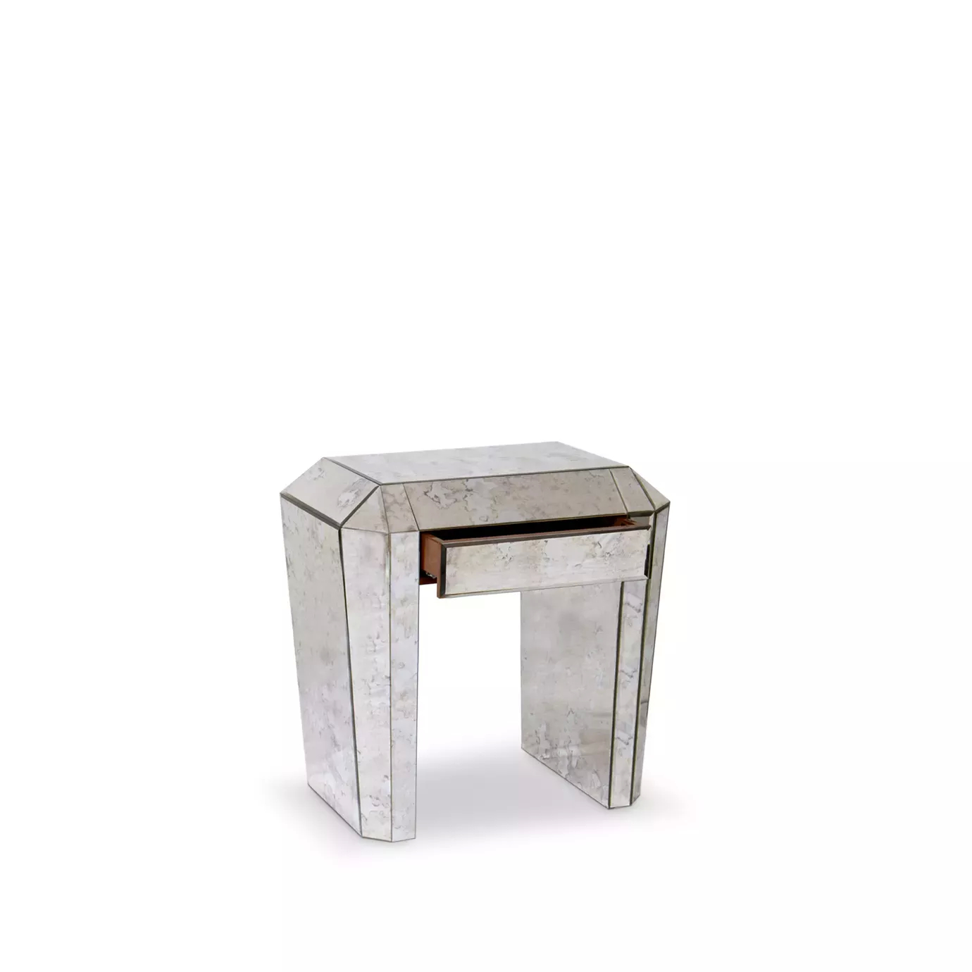 Elegant mirrored Tamara Nightstand with partially open drawer.
