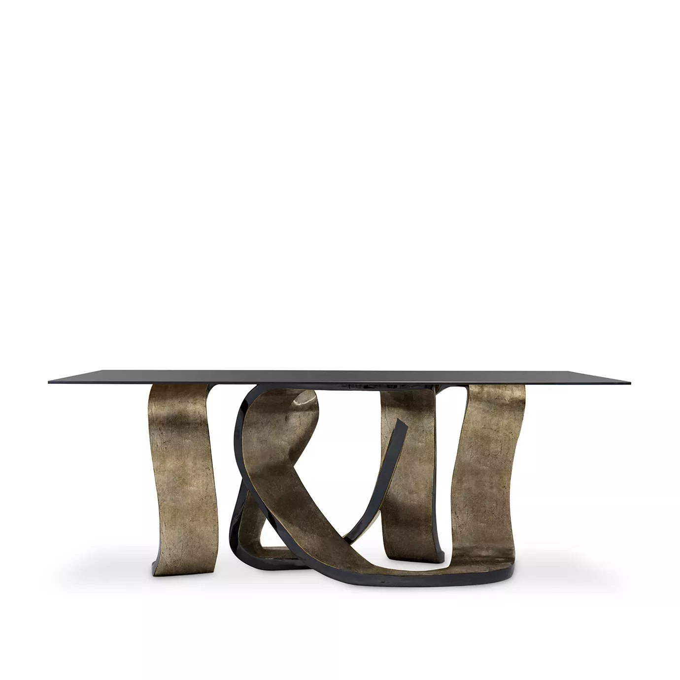 The image shows the Ribbon Broken Silver Leaf Dining Table. The table has a black glass top and a base made of silver leaf ribbons that are intertwined.
