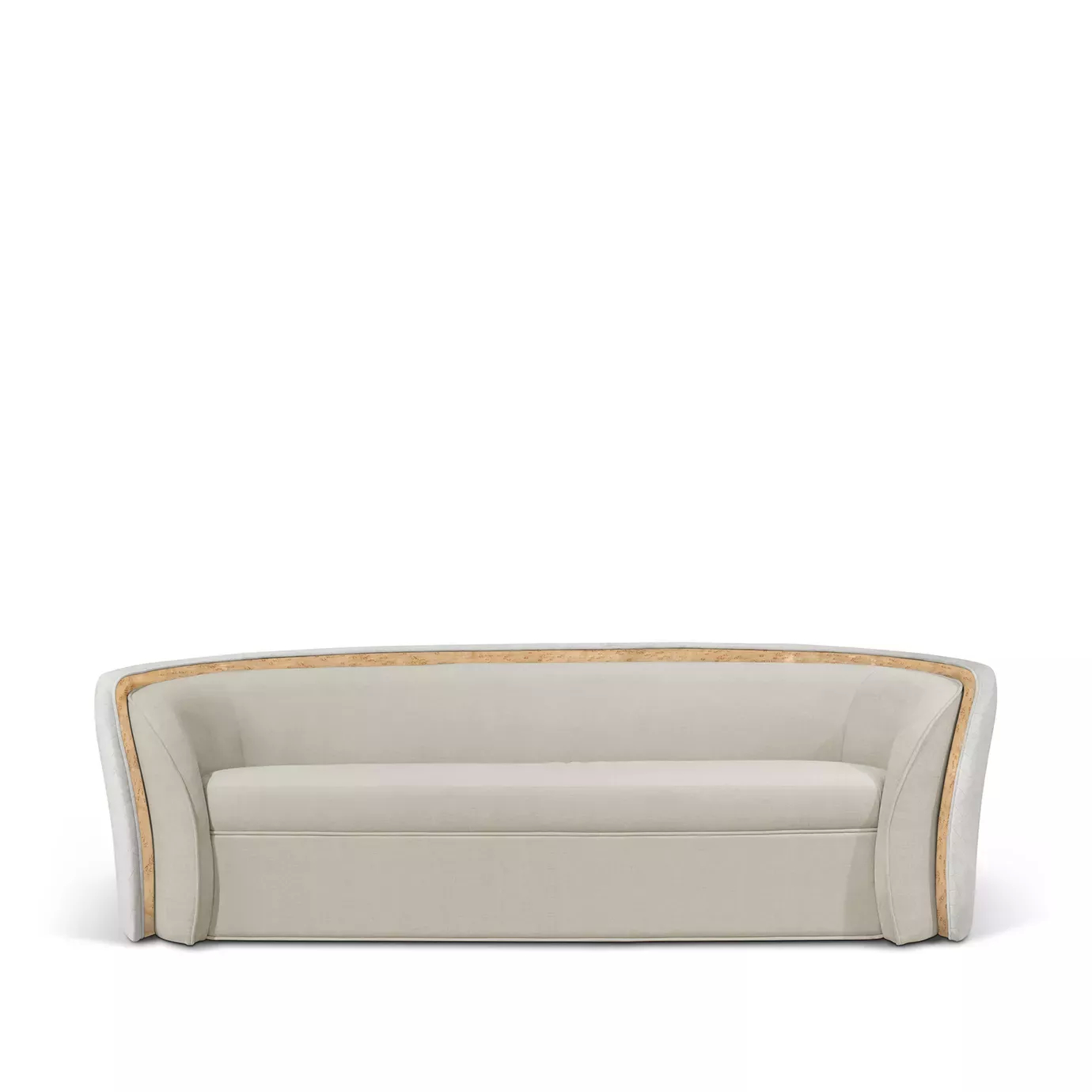 Front view of the Sultana Sofa, featuring a curved back, light-colored upholstery, and a wooden trim detail.