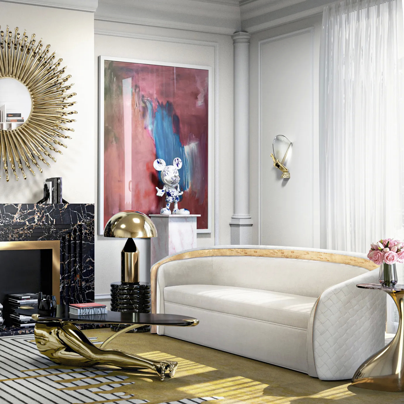 The Sultana Sofa, with its elegant curves and light upholstery, sits in a luxurious living room featuring golden accents and unique art pieces.