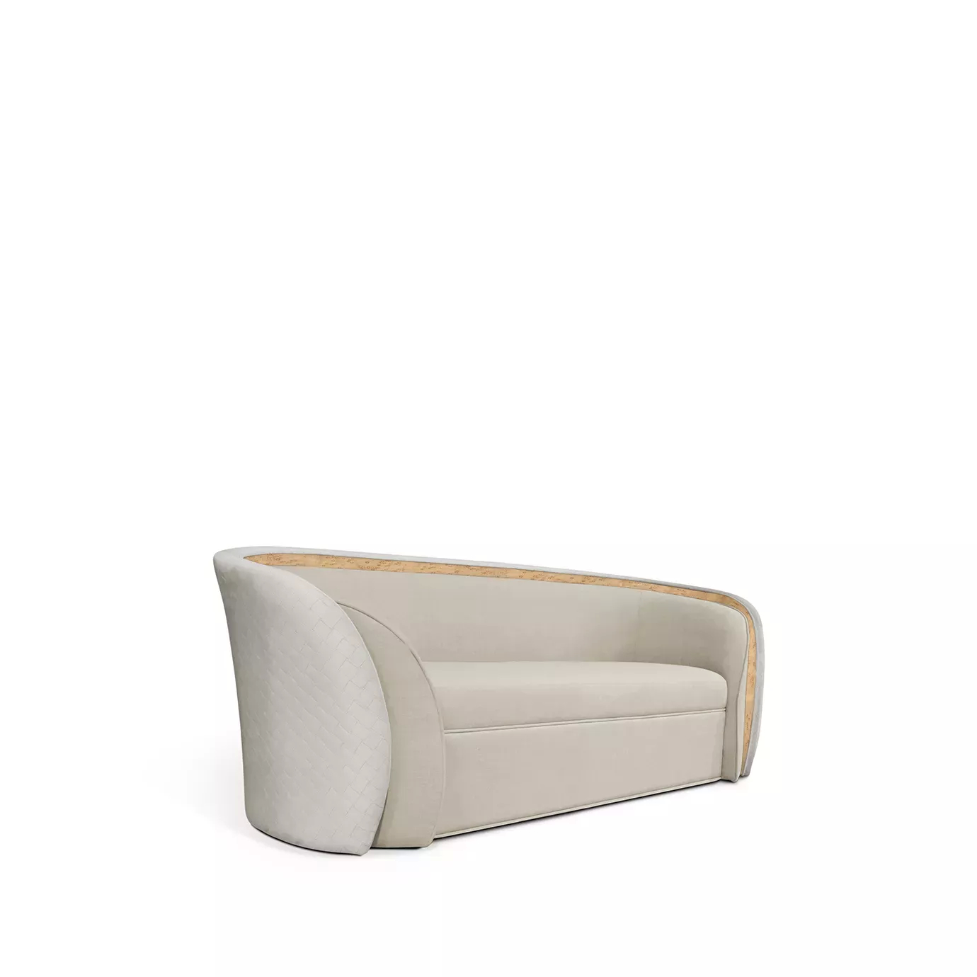 Slightly angled view of the Sultana Sofa, showcasing its curved back, light-colored upholstery, and wooden trim.