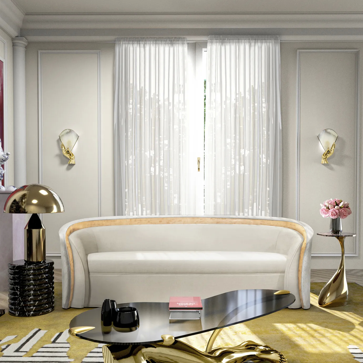 The Sultana Sofa, with its curved back and light upholstery, graces a stylish living room with golden accents and modern lighting.